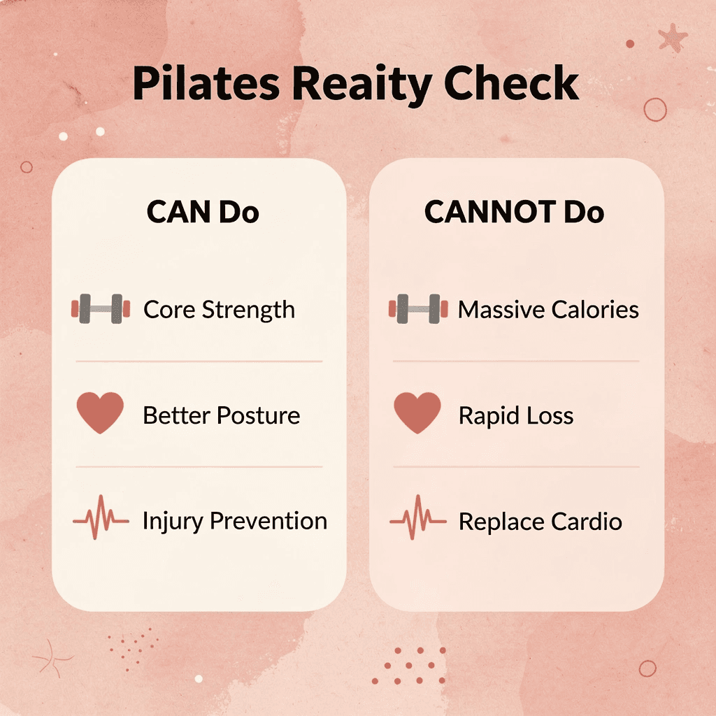 Comparison chart showing what Pilates can and cannot do for postpartum weight loss