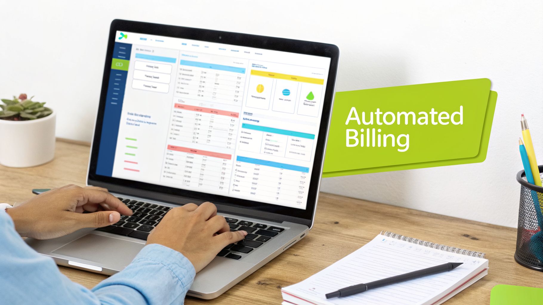 Person using a laptop displaying automated billing software with a prominent 'Automated Billing' banner.