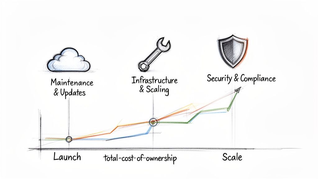A sketch graph illustrating rising total cost of ownership for mobile app development from launch to scale.