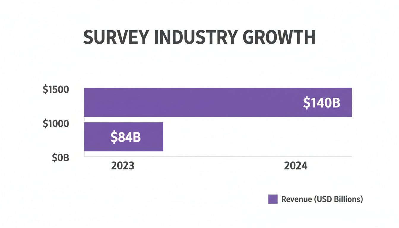 Bar chart illustrating survey industry revenue growth from $84B in 2023 to $140B in 2024.