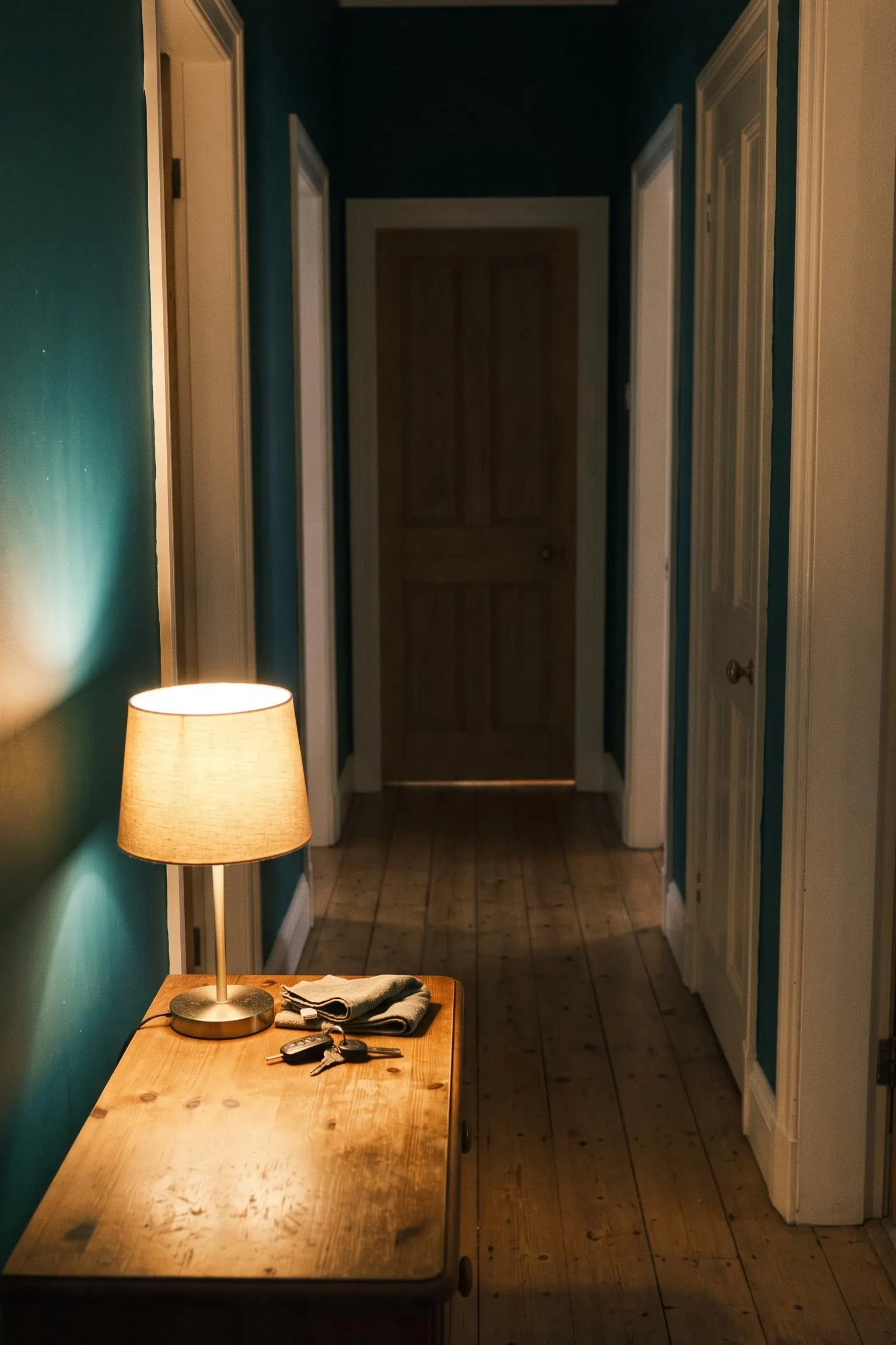 A hallway in the late evening lit by a table lamp, a deep teal wall and a closed door beyond
