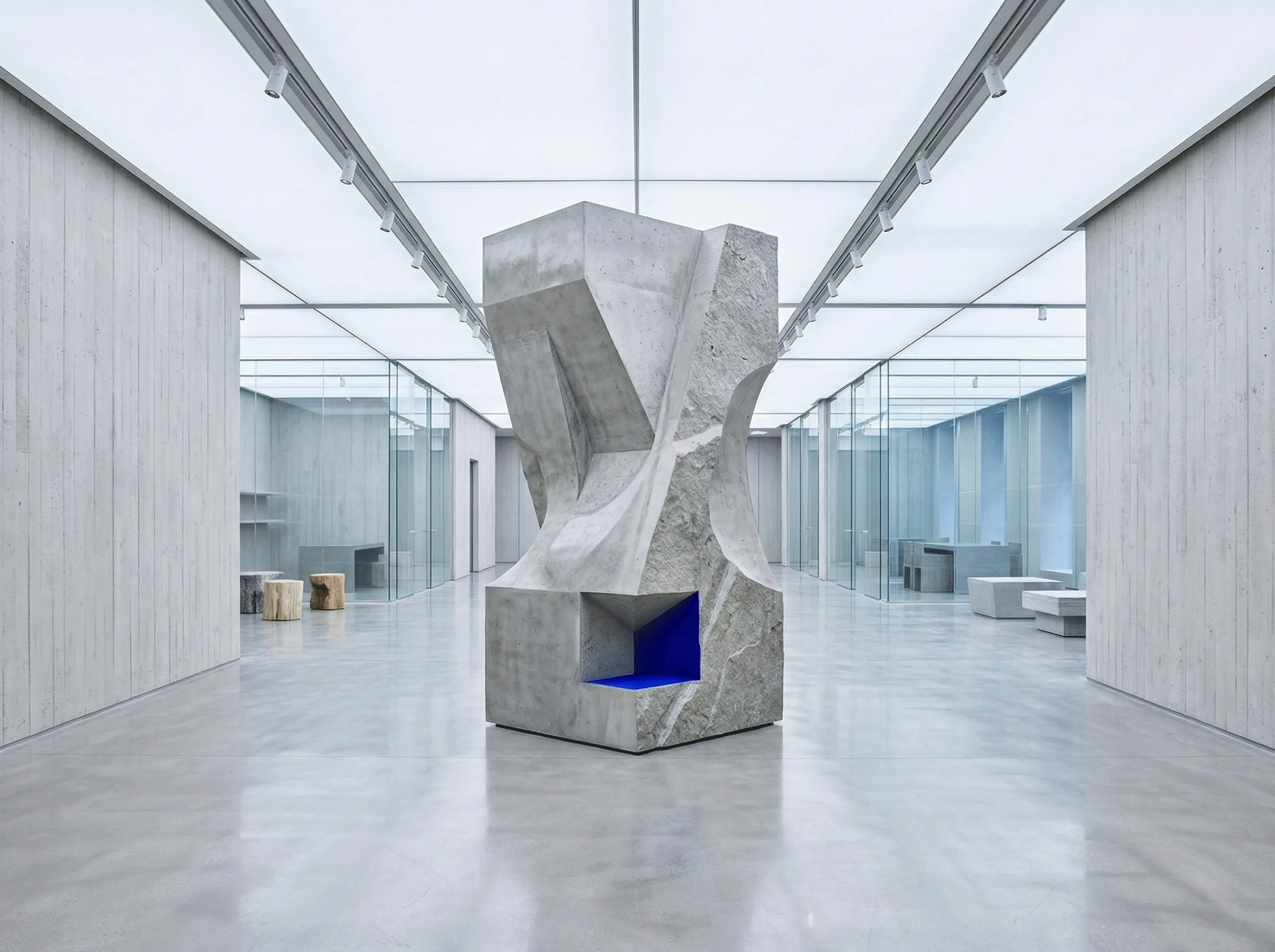 Großformatige Betonskulptur als zentrales Raumelement in einem minimalistischen Store-Interior — Space Design das Räume zu Markenwelten macht, blauer Farbakzent im Inneren der Skulptur