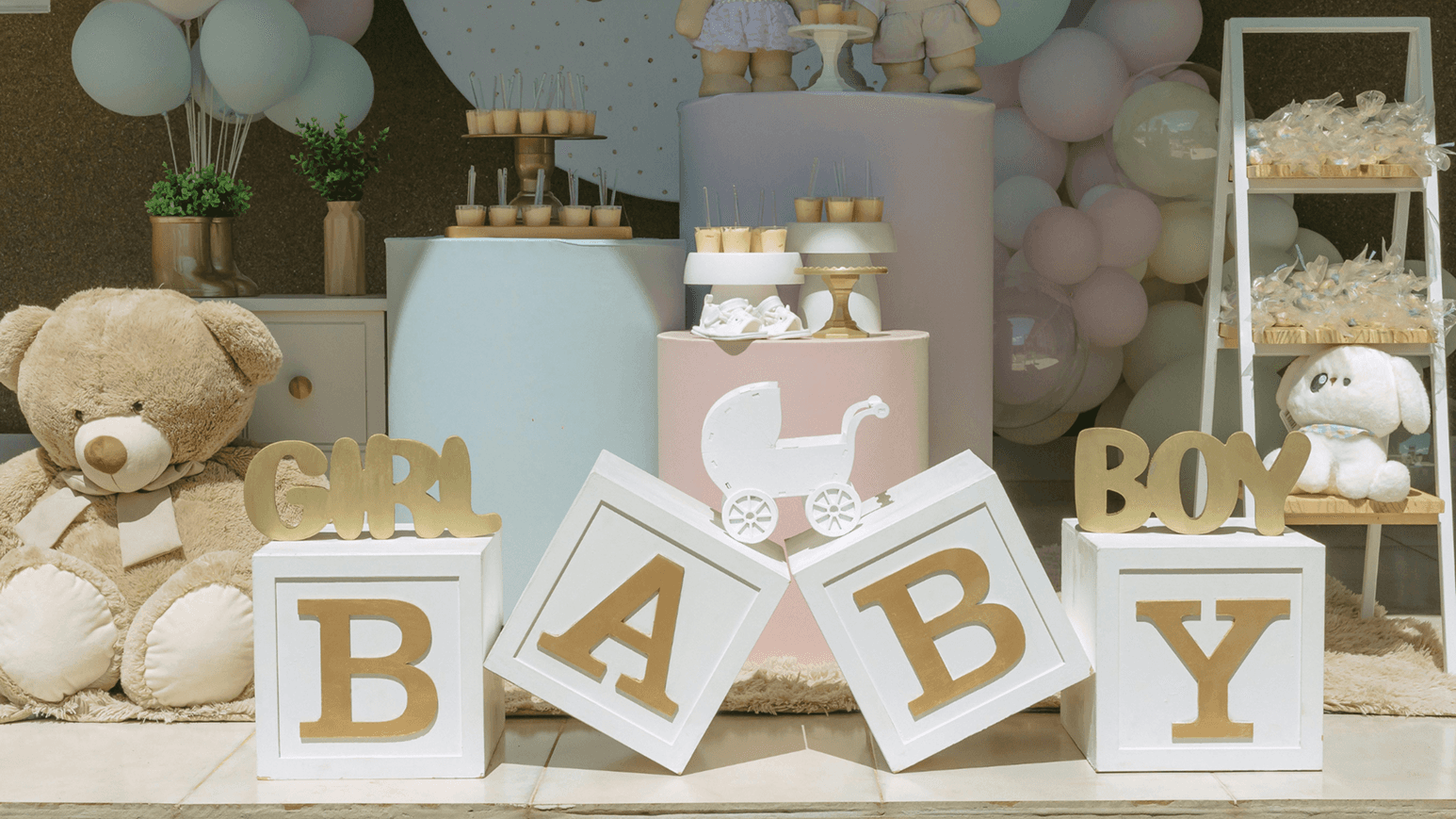 baby items and toys at baby shower