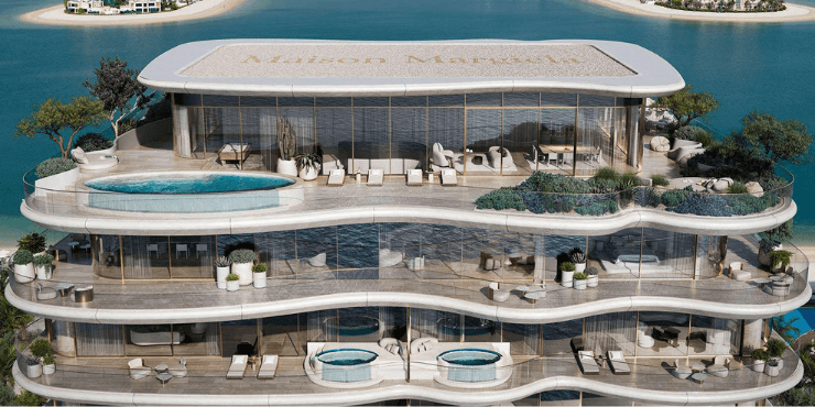 An opulent estate representing the pinnacle of luxury real estate, designed by Maison Margiela, known for its high-end aesthetics.
