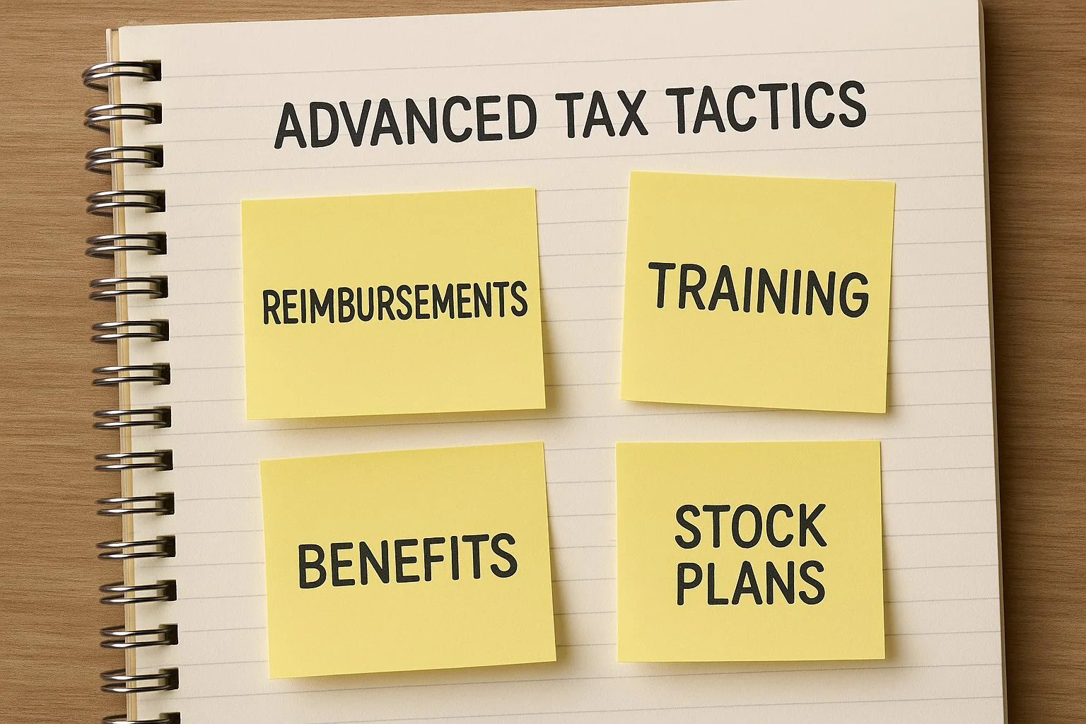 Notebook labeled “Advanced Tax Tactics” with sticky notes highlighting ideas like reimbursements, training, employee benefits, and stock plans.