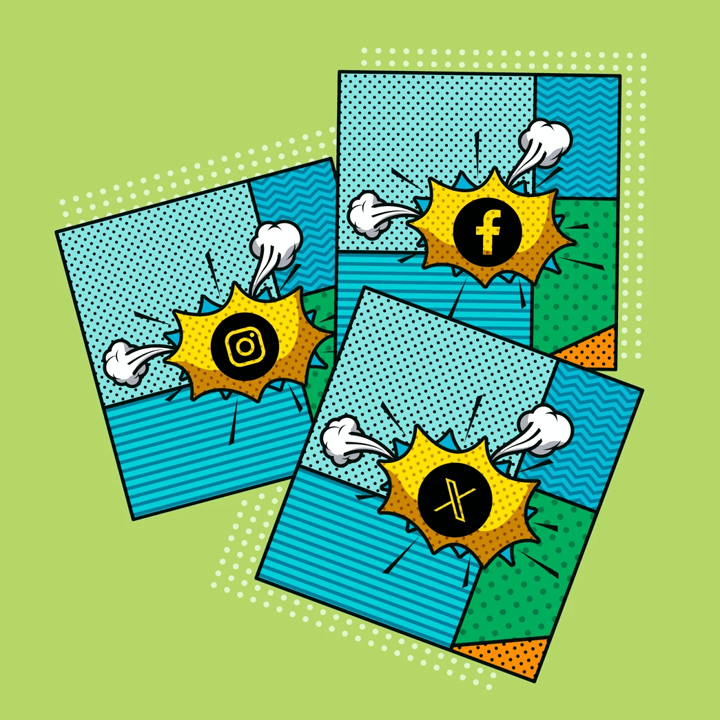 Ilustración de logos de redes sociales estilo cómic sobre fondo verde.