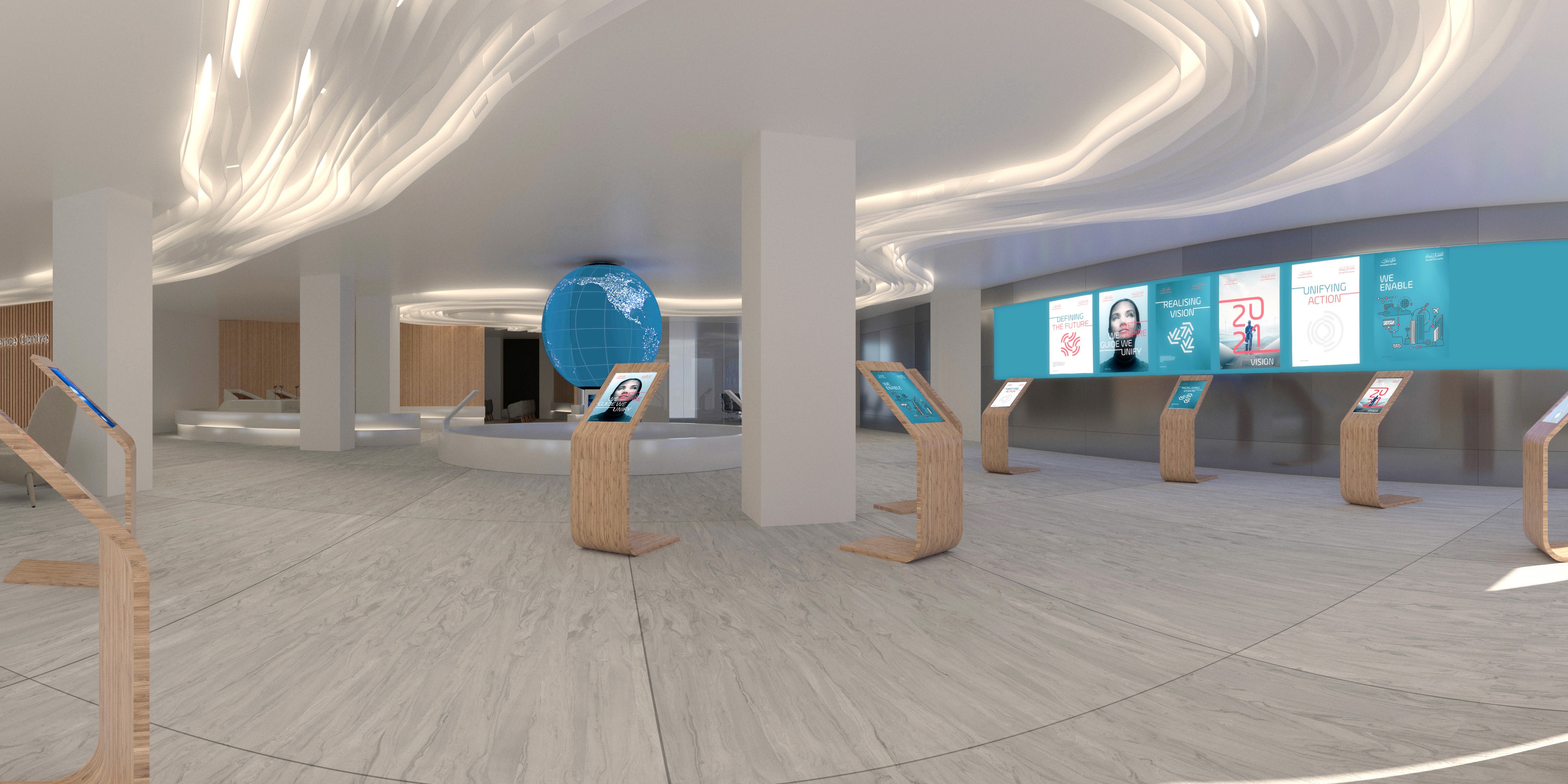 The image shows a modern, spacious technology showroom with sleek white interiors, featuring interactive displays on wooden stands and a large futuristic digital globe centerpiece, set against a backdrop of illuminated design and digital screens showcasing various tech products and information.