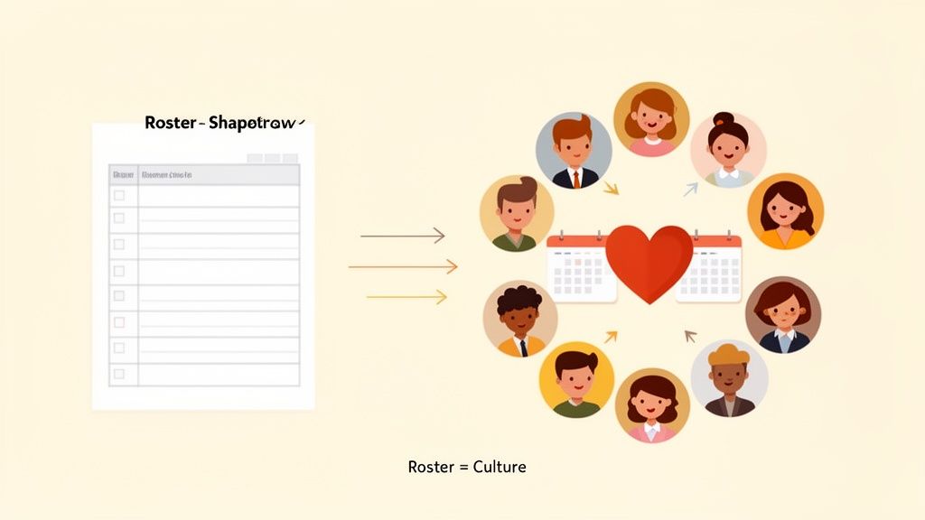 An infographic showing an employee roster leading to a vibrant culture with diverse people, a calendar, and a heart.