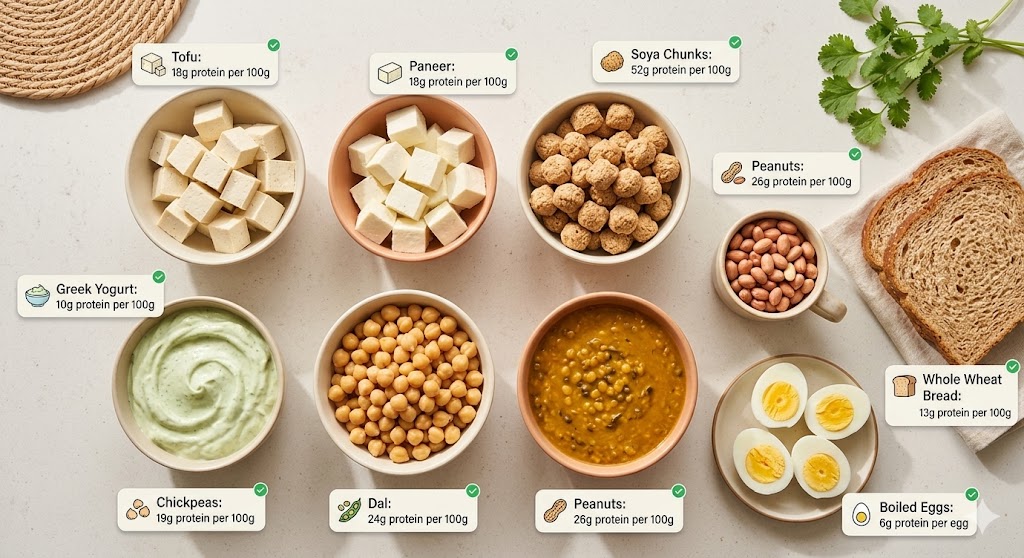 A top-down view of bowls filled with high-protein vegetarian foods like tofu, paneer, soya chunks, dal, chickpeas, Greek yogurt, boiled eggs, peanuts, and whole wheat bread, each with labels showing their protein content per 100g, suitable for a healthy Indian diet.