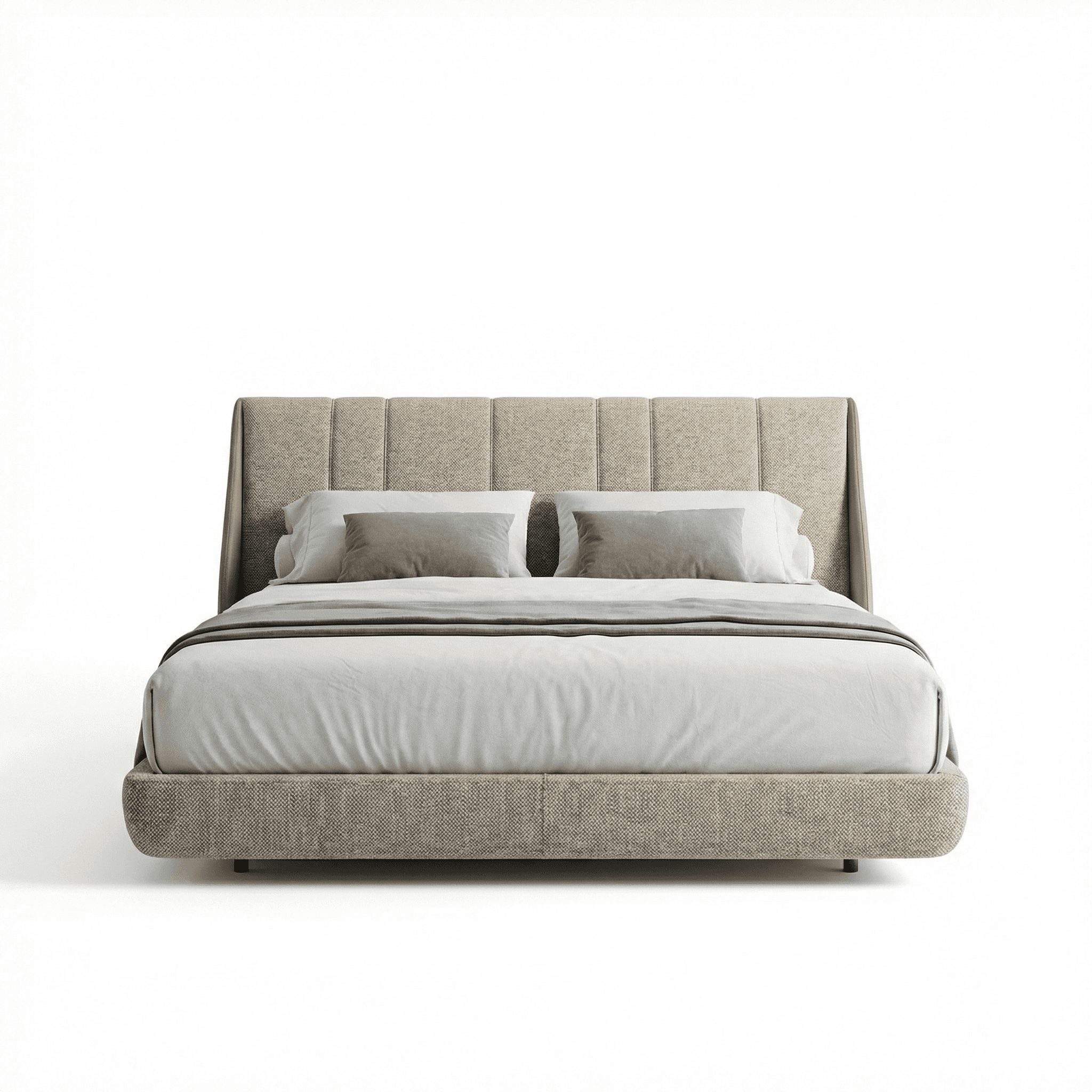 Upholstered bed with wide headboard panel, layered cushioning, and linear detailing