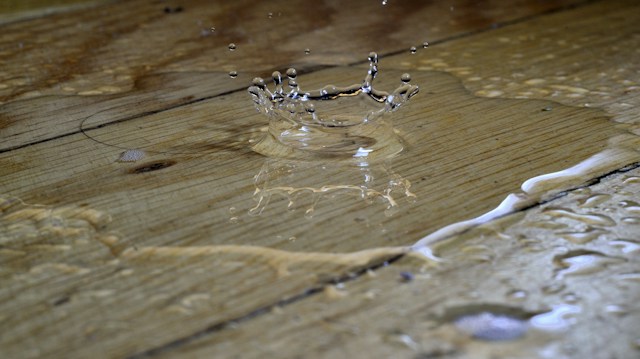 Water dripping onto a wet wooden floor from a roof leak, damage covered by Allianz home insurance