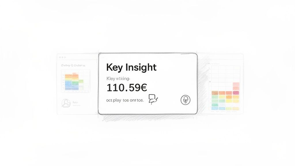 Sketch of a user interface with a central "Key Insight" card displaying "110.59€" and chart elements.