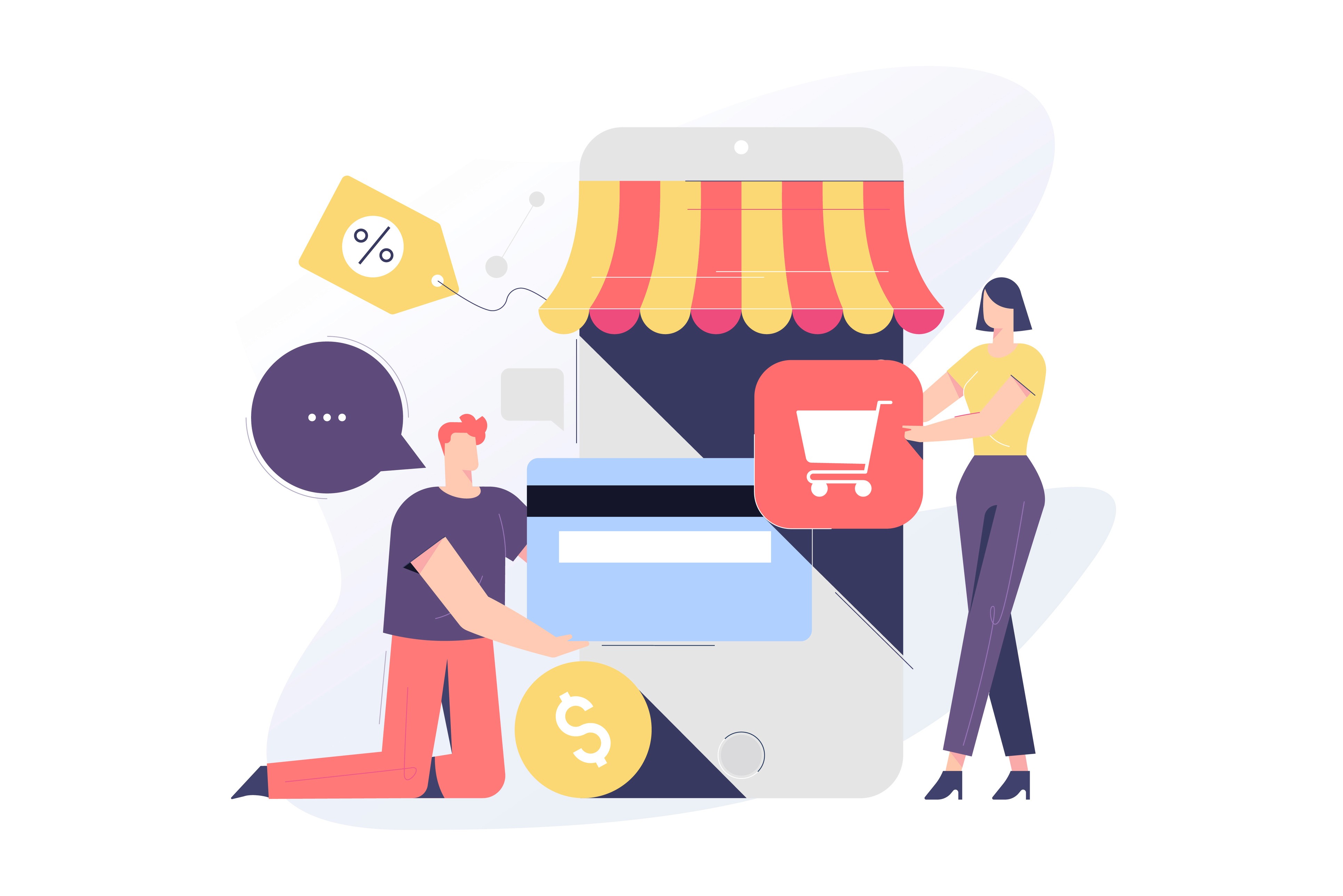 Illustration of two people interacting with a large smartphone displaying a mobile storefront with a shopping cart, credit card, discount tag, and dollar coin