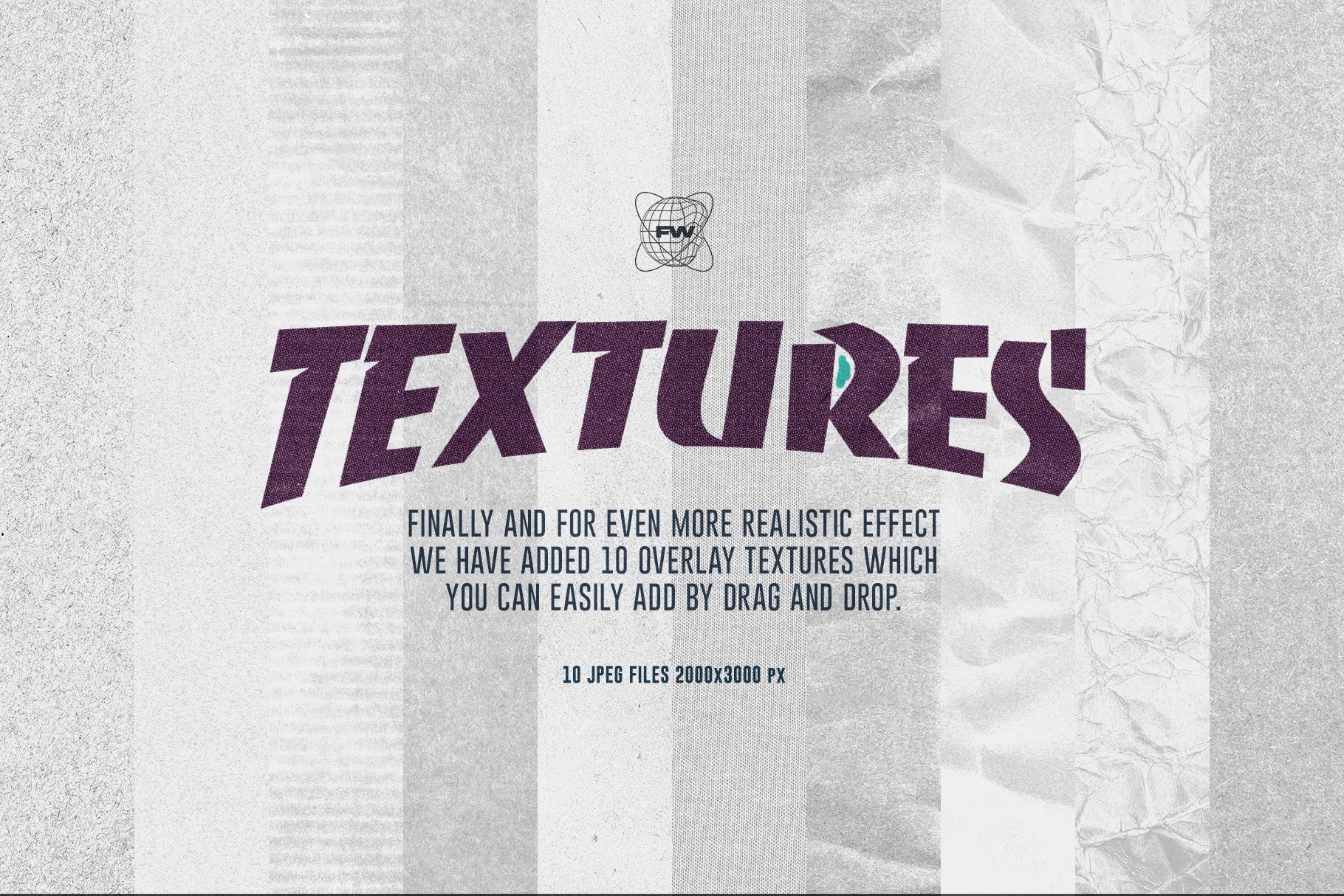Display of ten high resolution overlay textures included in the vintage offset printer action pack