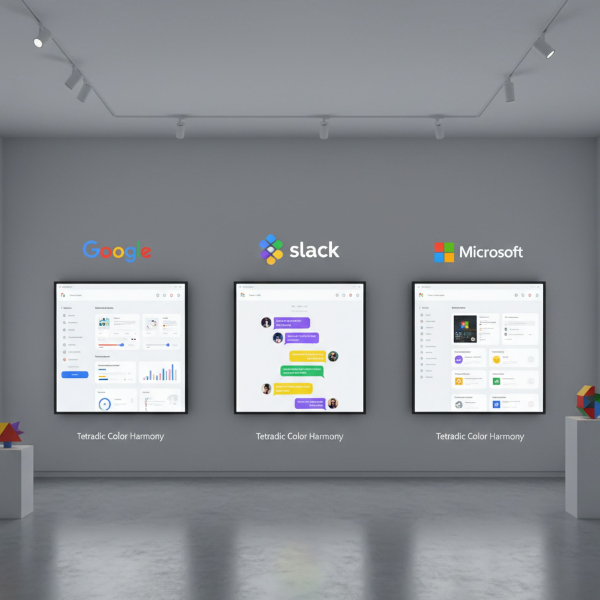 Display of Google, Slack, and Microsoft interfaces showcasing tetradic color harmony, highlighting how major brands use four-color palettes in their UI design.