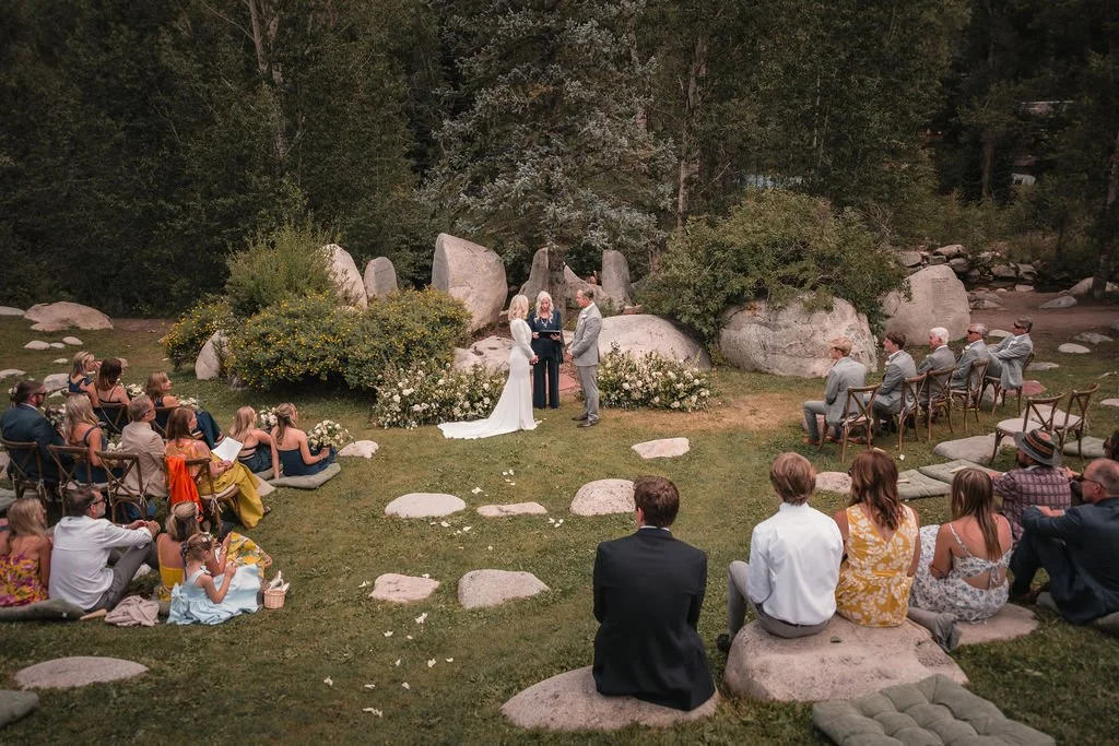 Joyful recessional moment at Bosq Aspen wedding ceremony