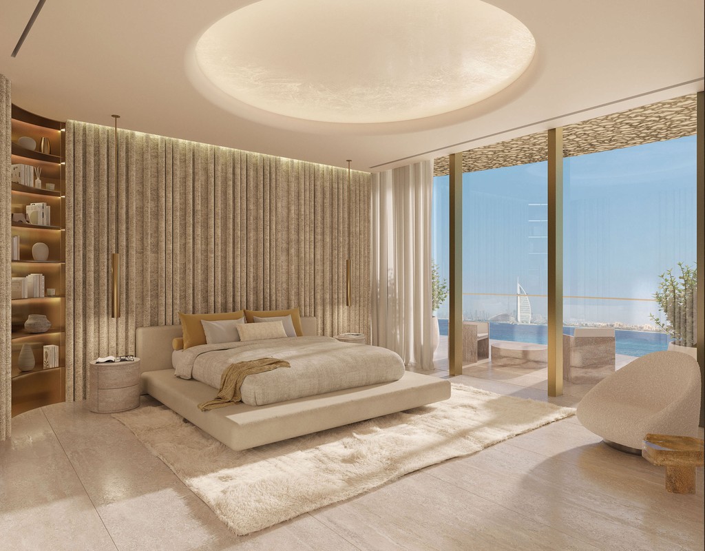 A contemporary bedroom with a bed, dresser, and mirror, showcasing Maison Margiela's design aesthetic.