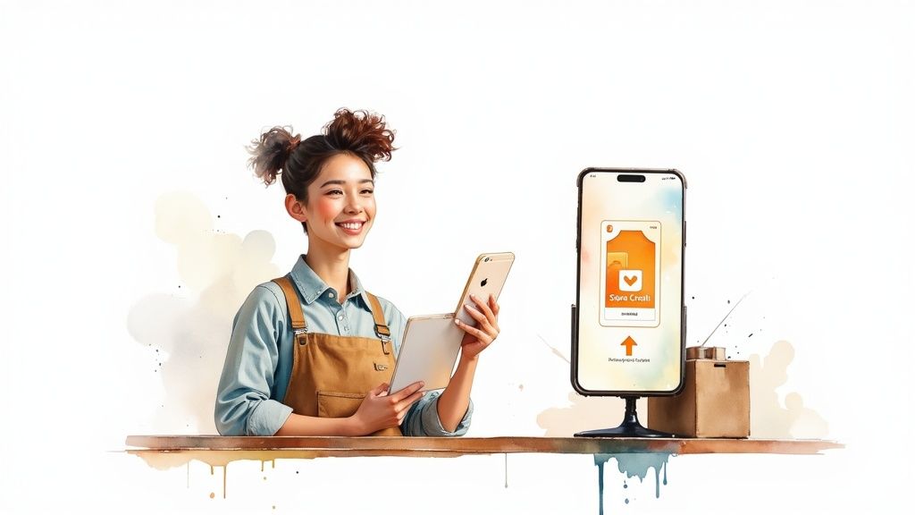 Smiling shop owner uses tablet, looking at a display with a store credit app.