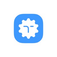 Blue gear-like icon with a stylized face in the center.
