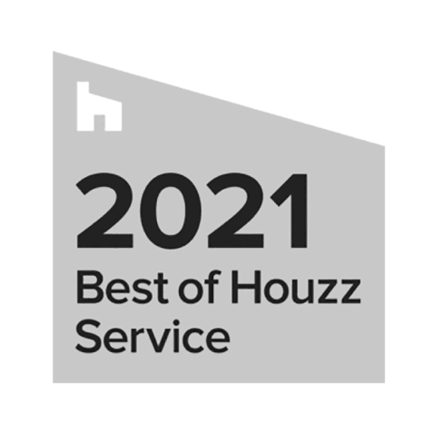Award badge for "2021 Best of Houzz Service," featuring a stylized design and recognition note.