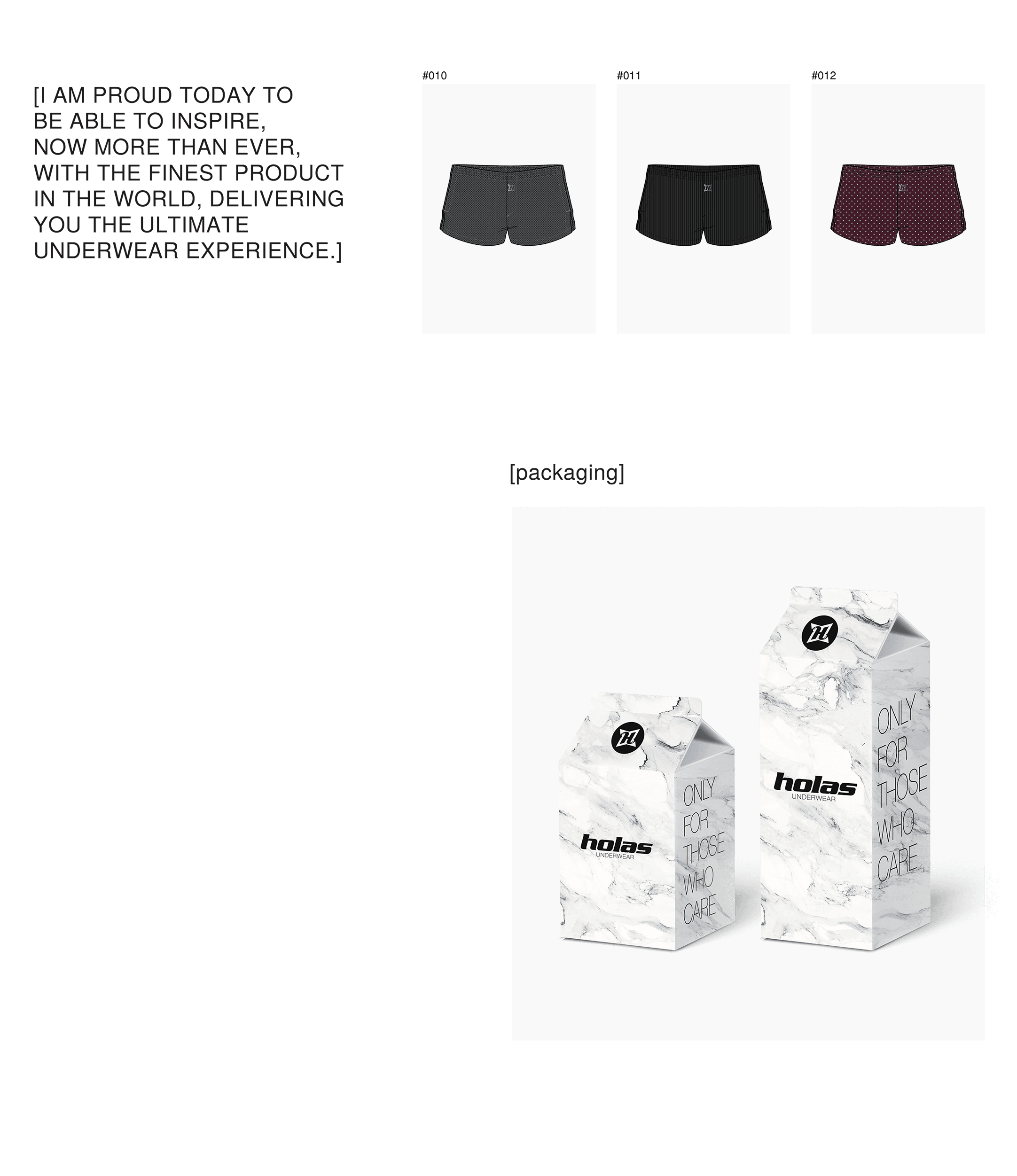 Holas Underwear tech drawings showing boxer briefs in dark grey, black pinstripe, burgundy polka dot, plus milk-carton-style packaging boxes with Holas Underwear logo and "Only for those who care" tagline
