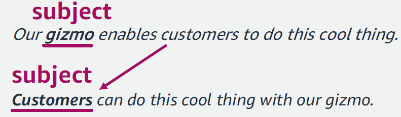 Move the words around so that the customer becomes the subject when you realize the subject is a product.