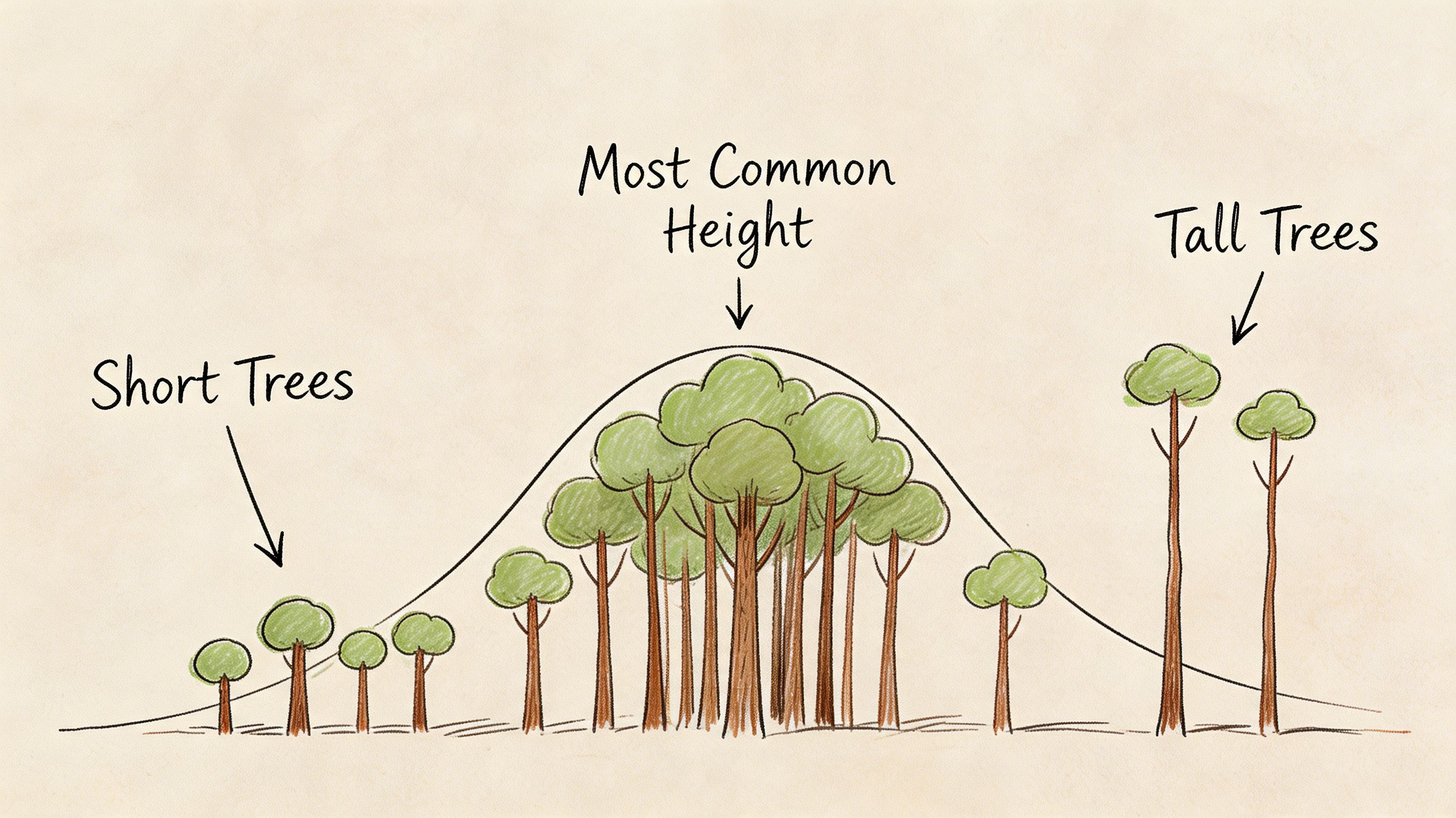 An illustration showing a normal distribution curve over a forest of trees depicting different heights.