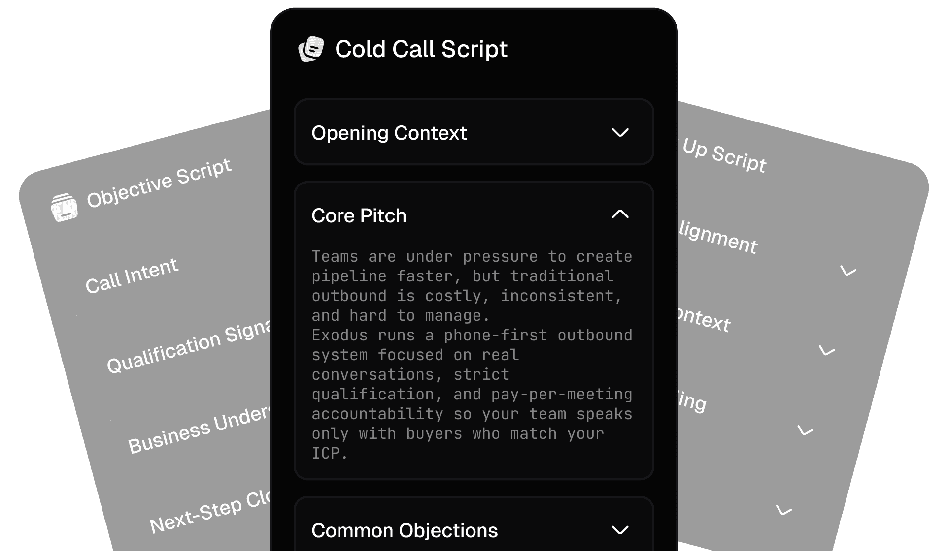 Cold call script with categories like opening context, core pitch, and common objections, used for sales training.