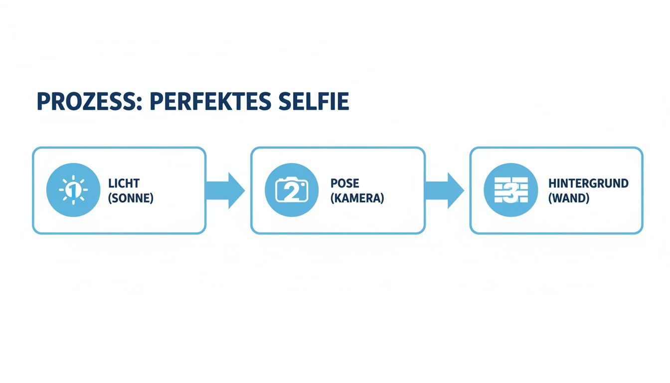 Ein Flussdiagramm zeigt den dreistufigen Prozess für ein perfektes Selfie: Licht (Sonne), Pose (Kamera) und Hintergrund (Wand).