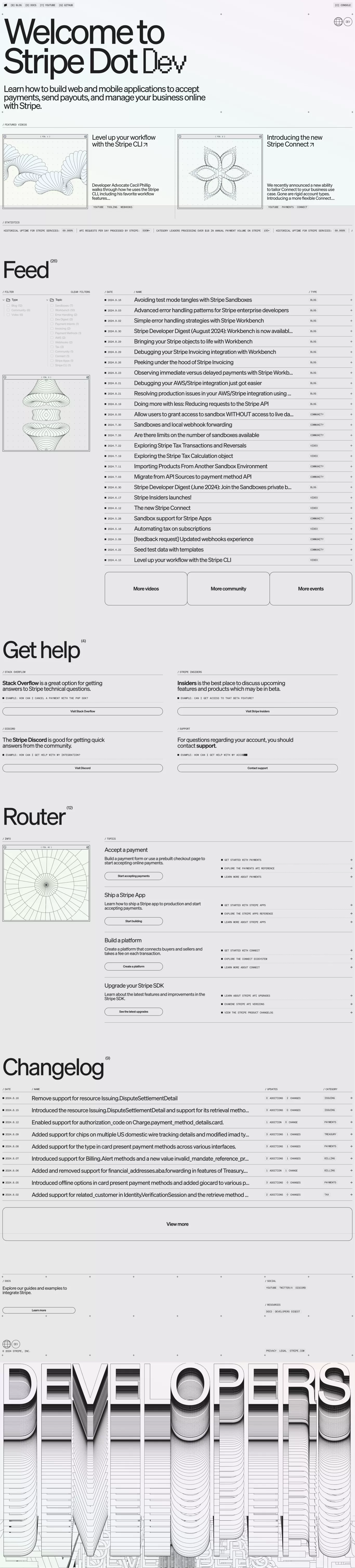 Stripe Dot Dev landing page screenshot showcasing Tech and Finance design