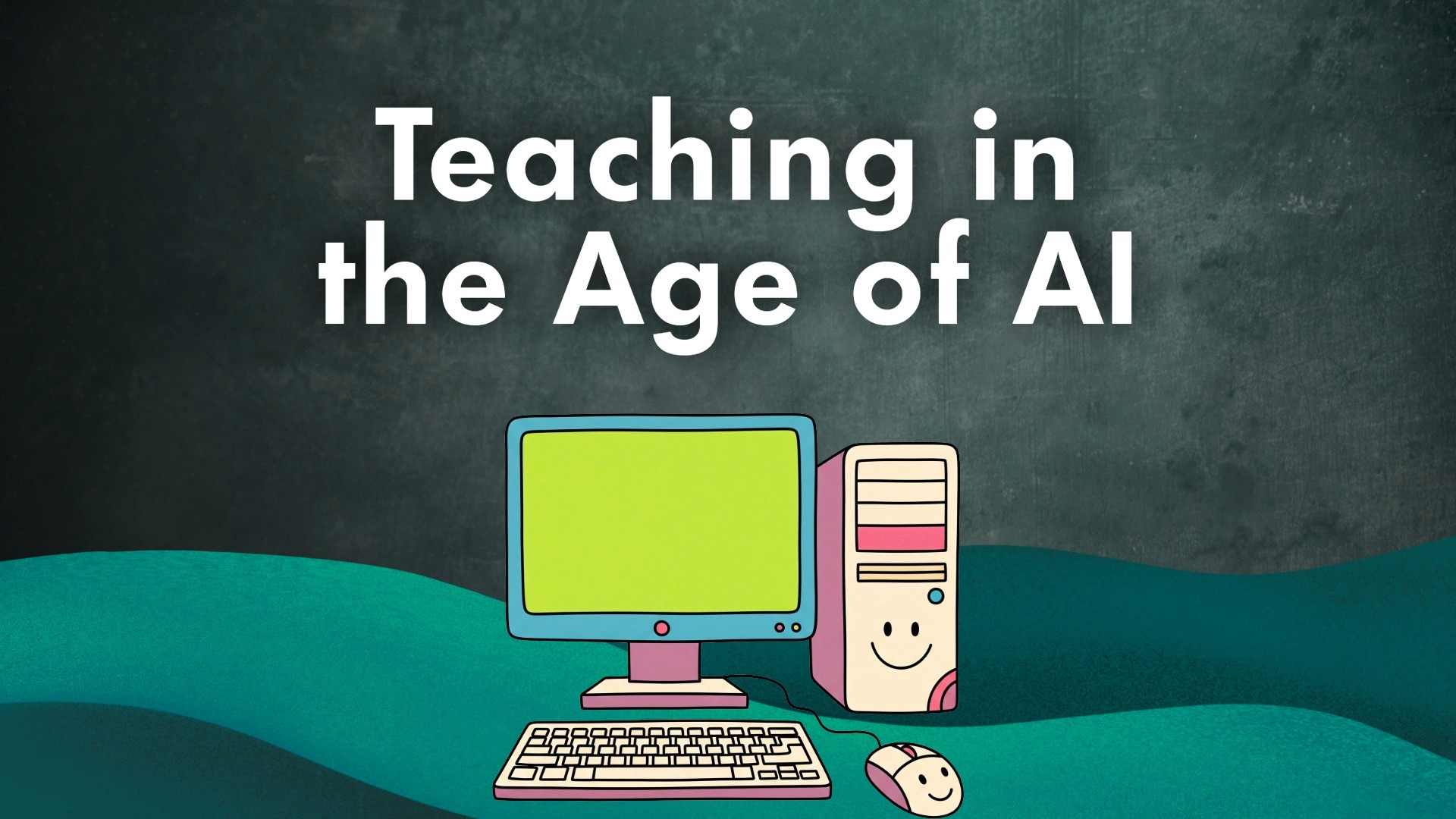 Image of a computer with the text "Teaching in the Age of AI" written above it