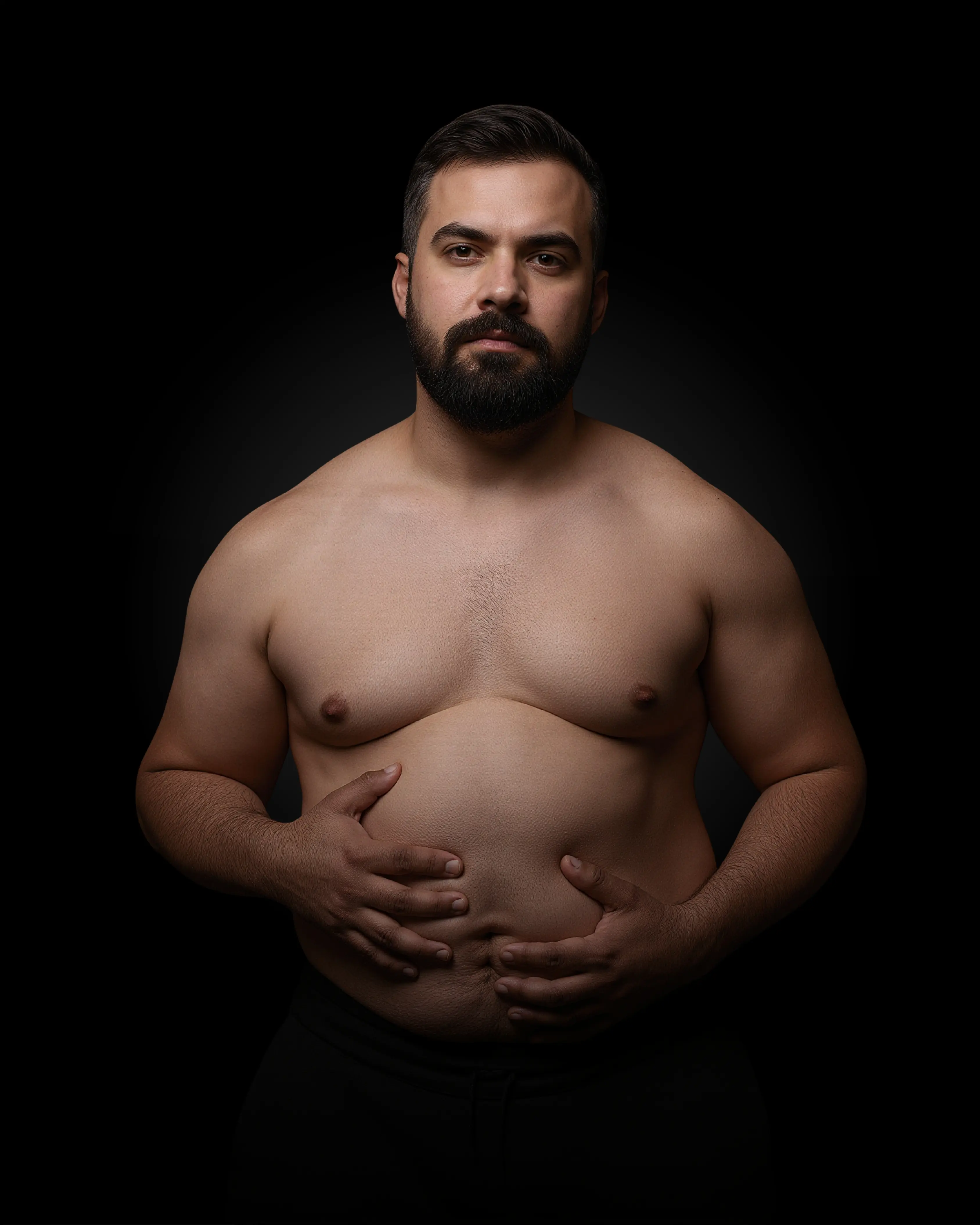 Portrait of a shirtless man with a beard, holding his stomach and looking directly at the viewer.