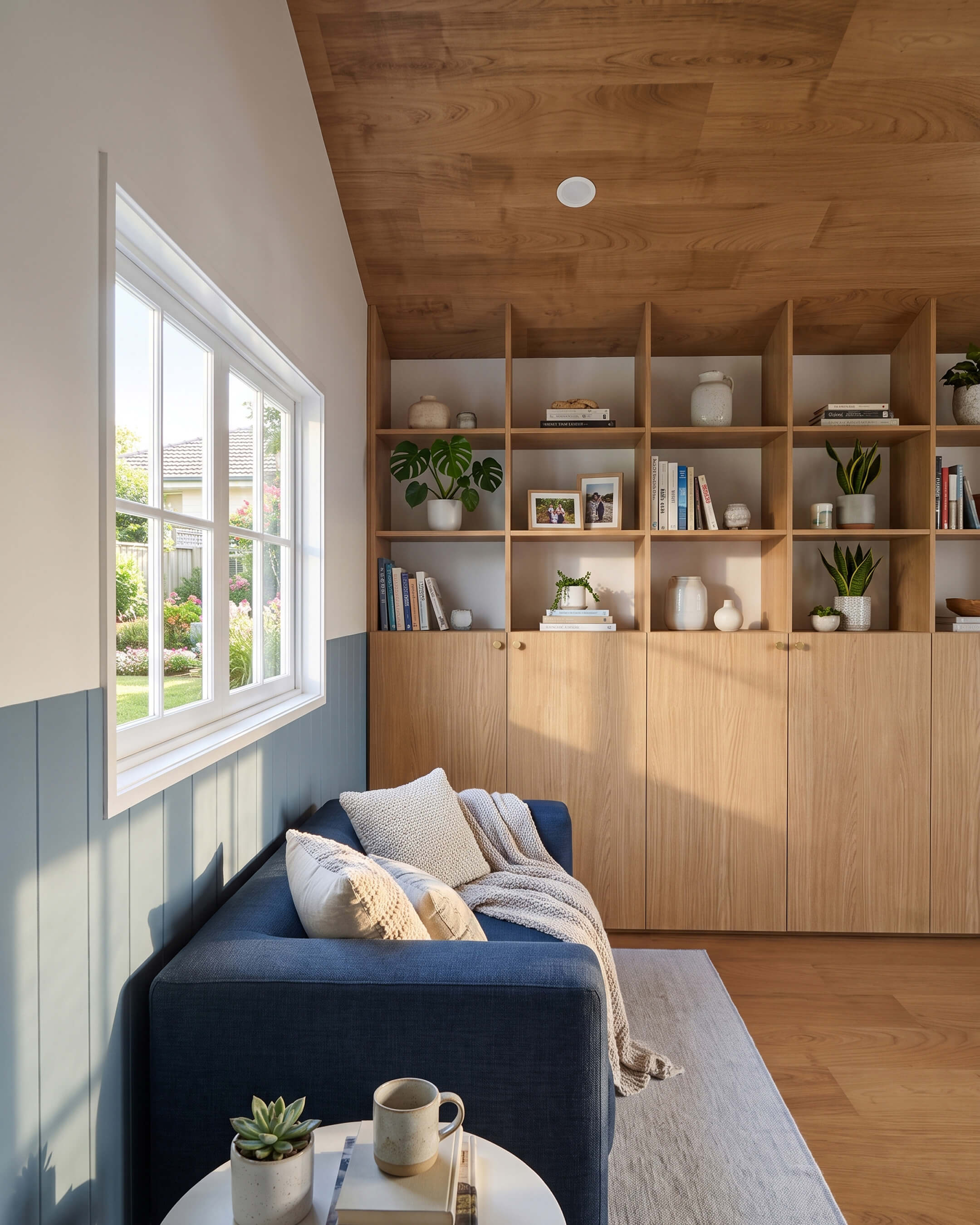 Cozy 12x10 shed home office with a blue sofa, built-in bookcase, timber flooring and natural light from the side window.
