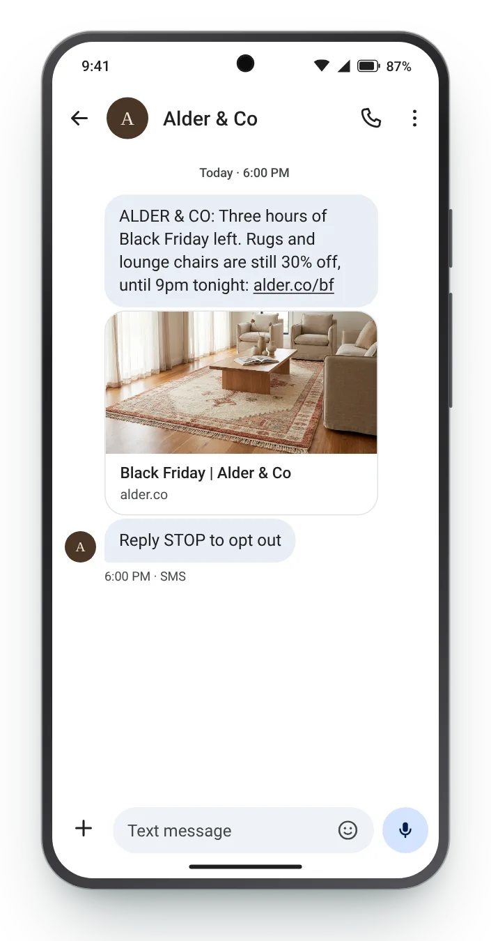 Three hours before the day ends Black Friday text on an Android phone