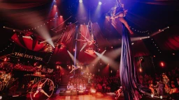 Acrobats perform in Come Alive! The Greatest Showman Circus Spectacular at purpose built big top theatre in London