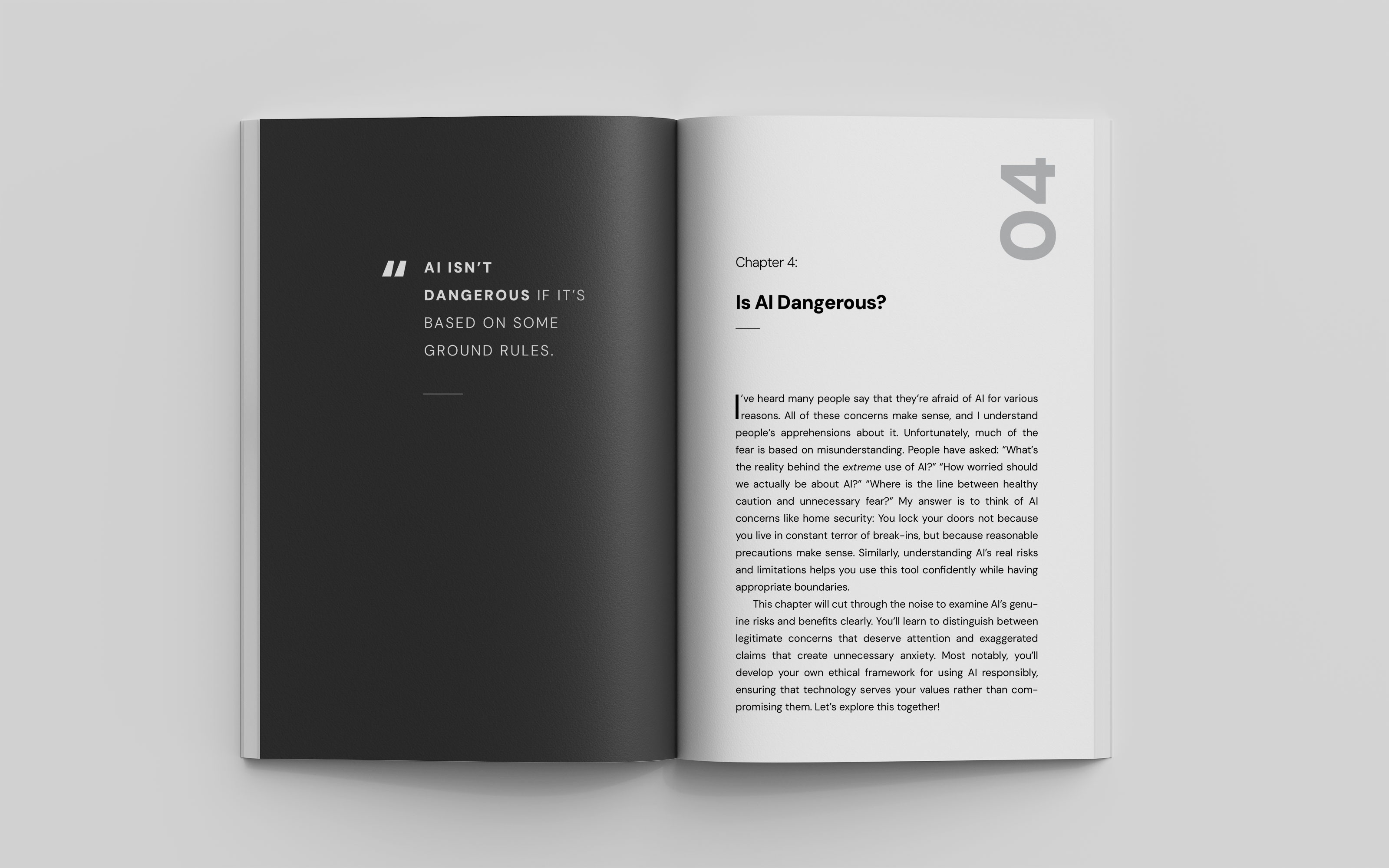 Open book spread showing a chapter titled “Is AI Dangerous?” from The AI Blueprint for Beginners