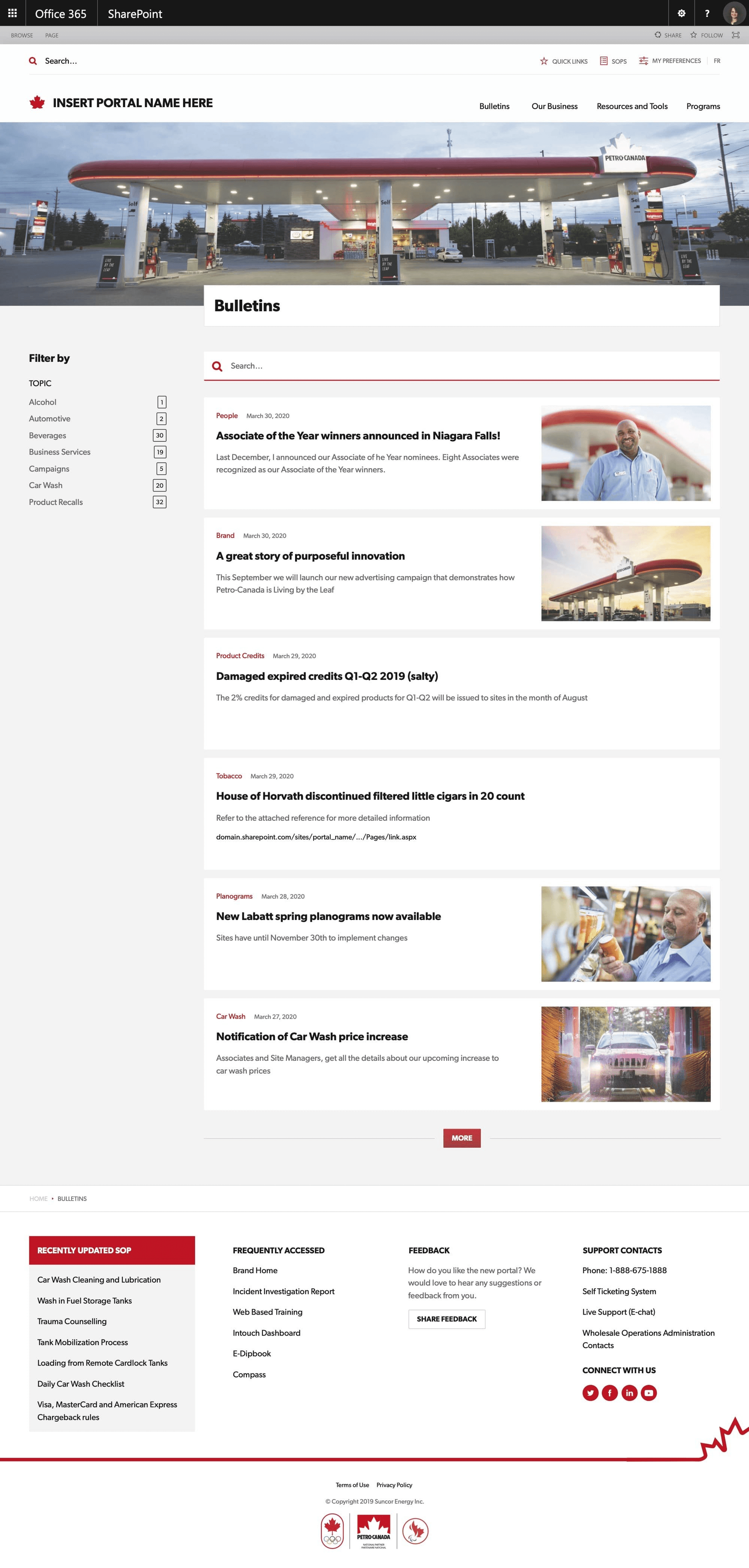 Bulletins landing page displaying entries ordered by publication date, with a filter option by topic.