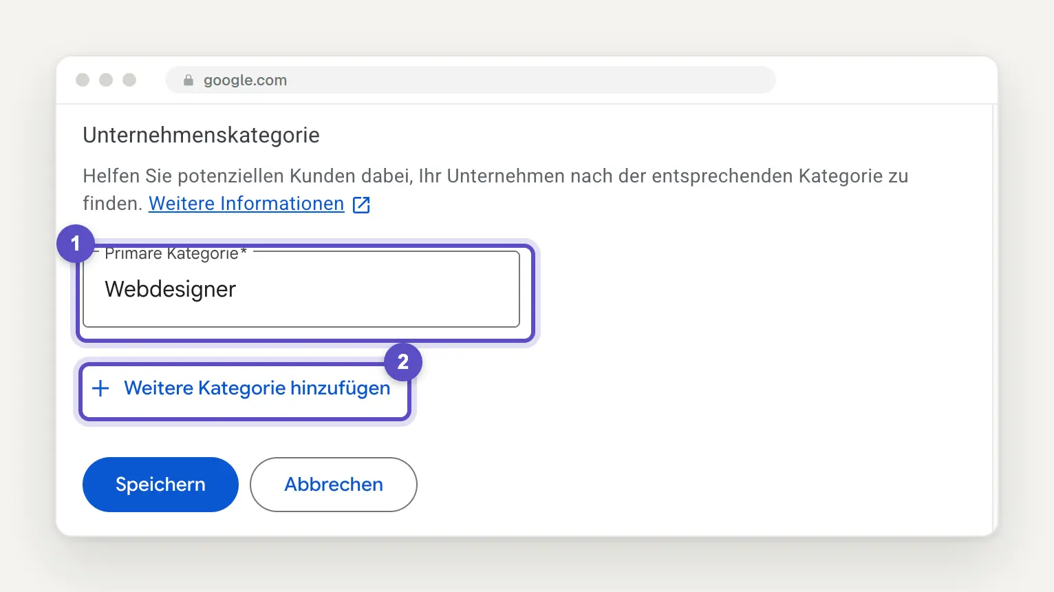 Bearbeitungsfeld Unternehmenskategorie mit dem Feld Primäre Kategorie und der Schaltfläche Weitere Kategorie hinzufügen.