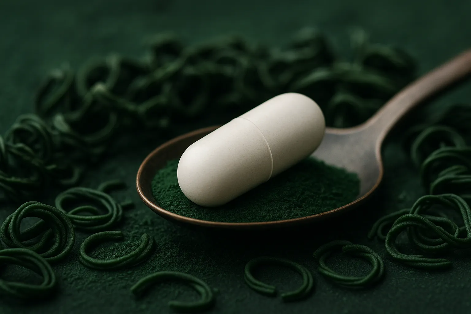 White supplement capsule on a spoonful of green spirulina powder
