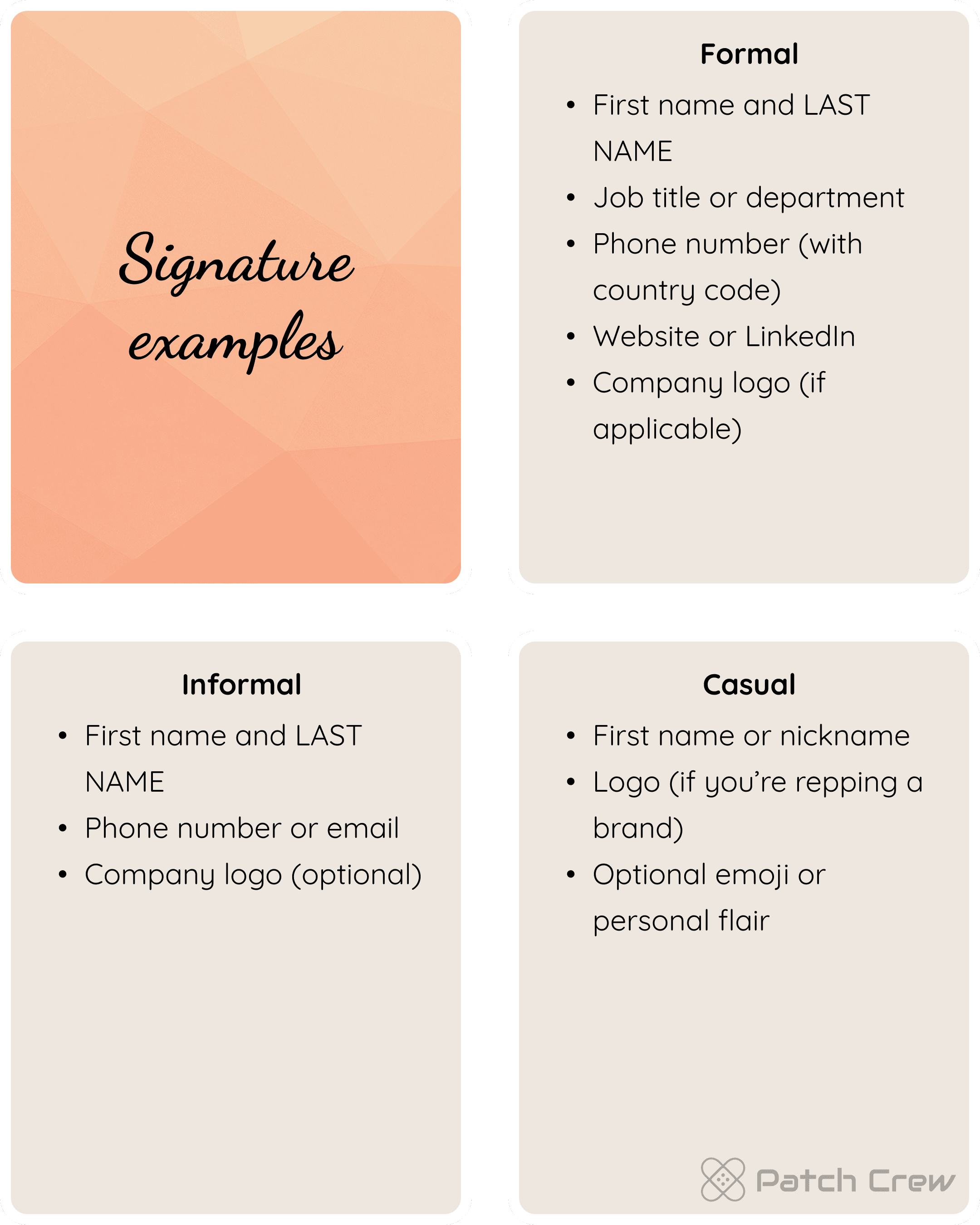 Image 30 of 43 from “We haven’t spoken in a while”: A comparison lists what formal, informal, and casual email signatures typically include.
