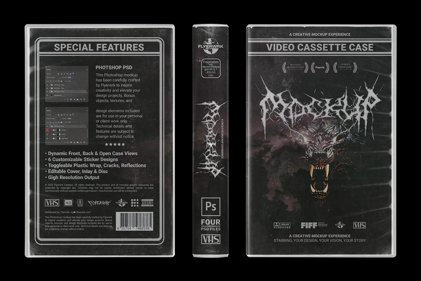 Vintage VHS cassette tape case mockup special features panel and design example