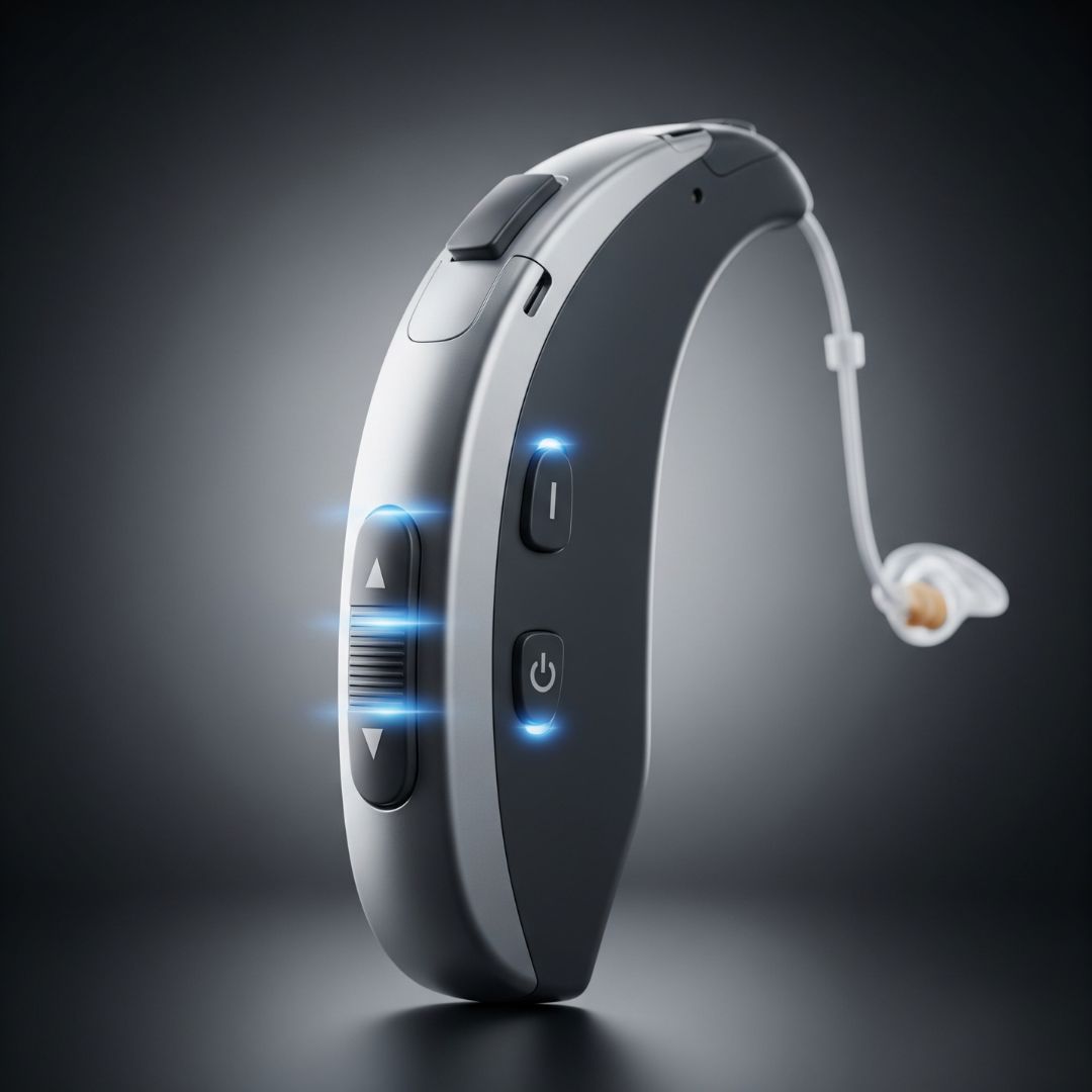 Close-up of a modern hearing aid highlighting its control buttons.