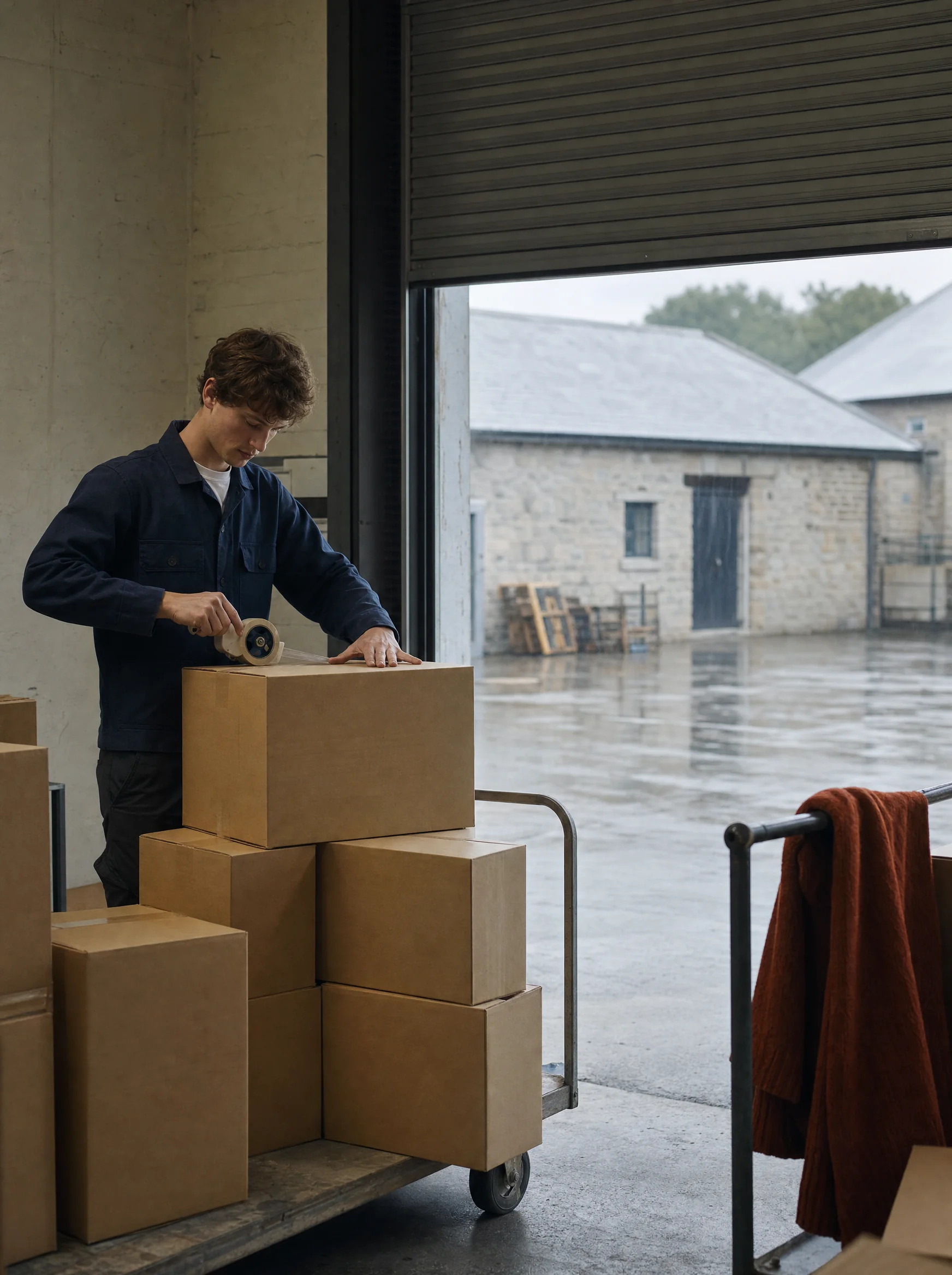 A young man taping boxes onto a trolley at a mill's open loading door