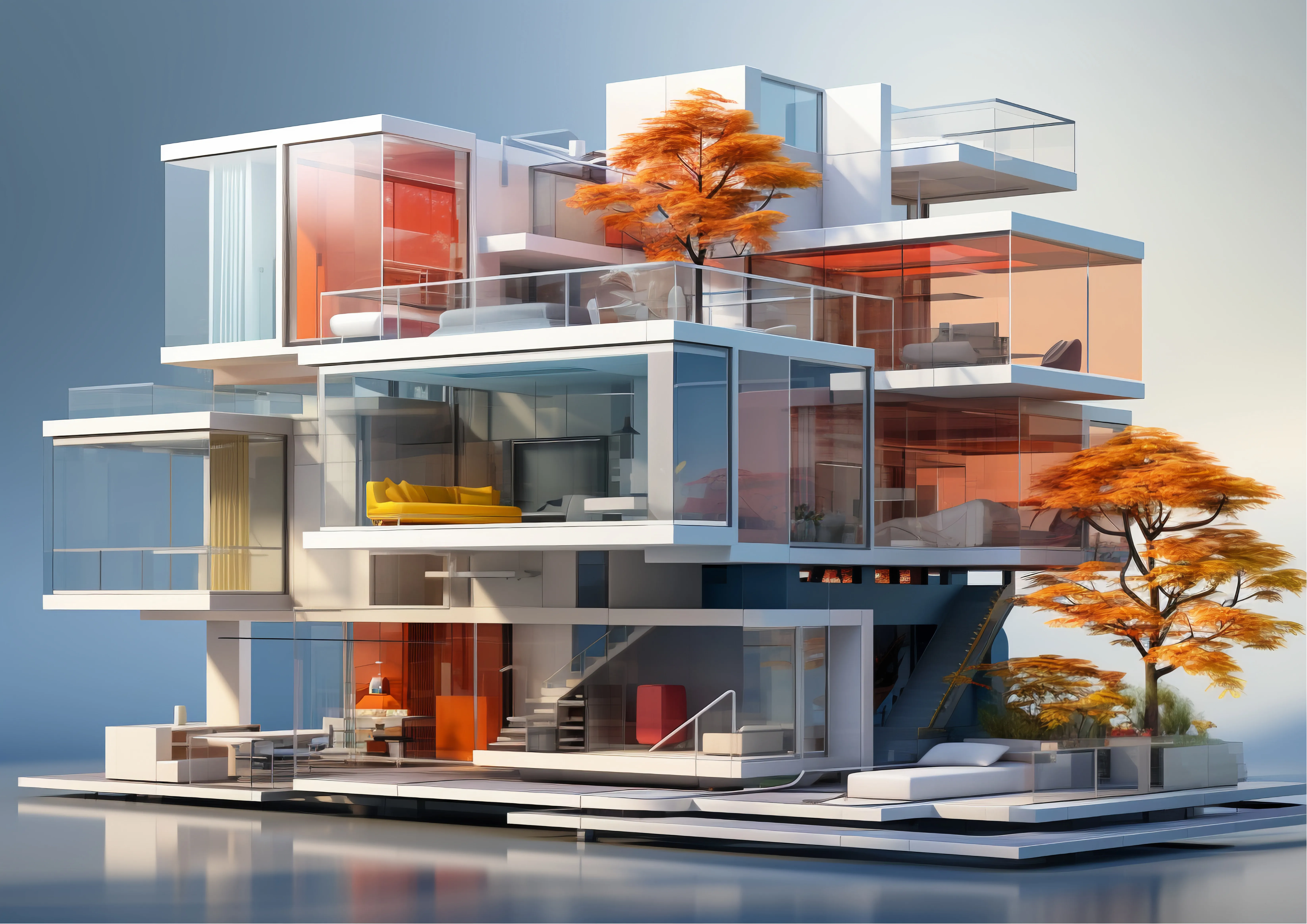 Futuristic multi-level modular glass villa with orange interior accents and contemporary architectural styling.