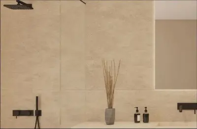 Porcelanato Limestone Greige 60×120 colocado en un baño