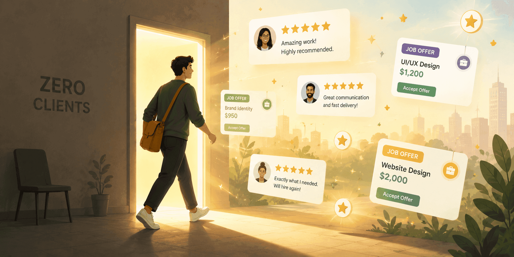Illustration about how to get your first client on upwork when you have no reviews