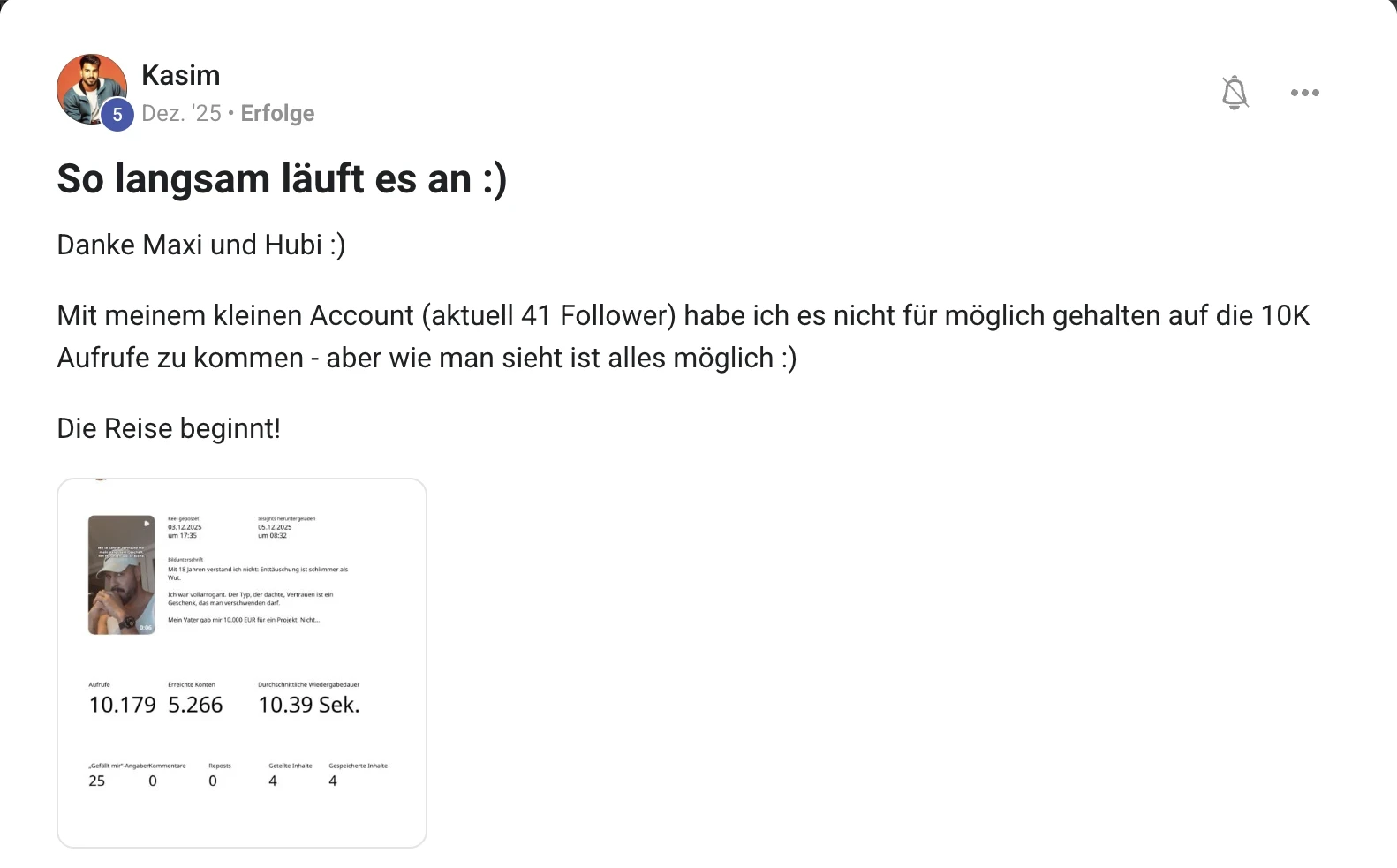 Kundenstimme KI Creator Akademie: Kasim erreicht mit nur 41 Followern über 10.000 Aufrufe