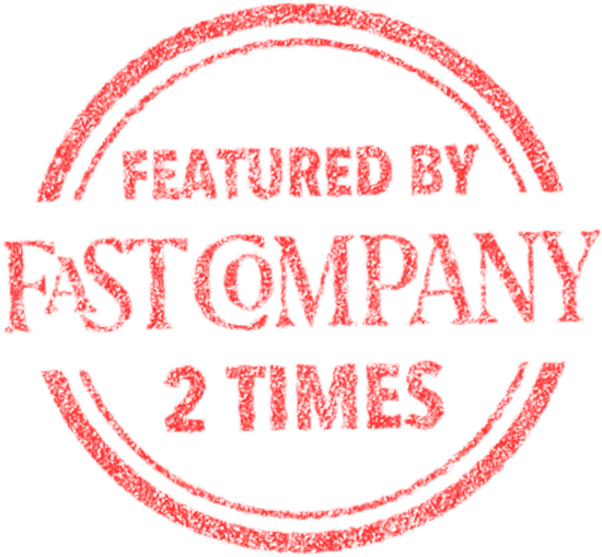 Red stamp mentioning "Featured by FastCompany 2 times""