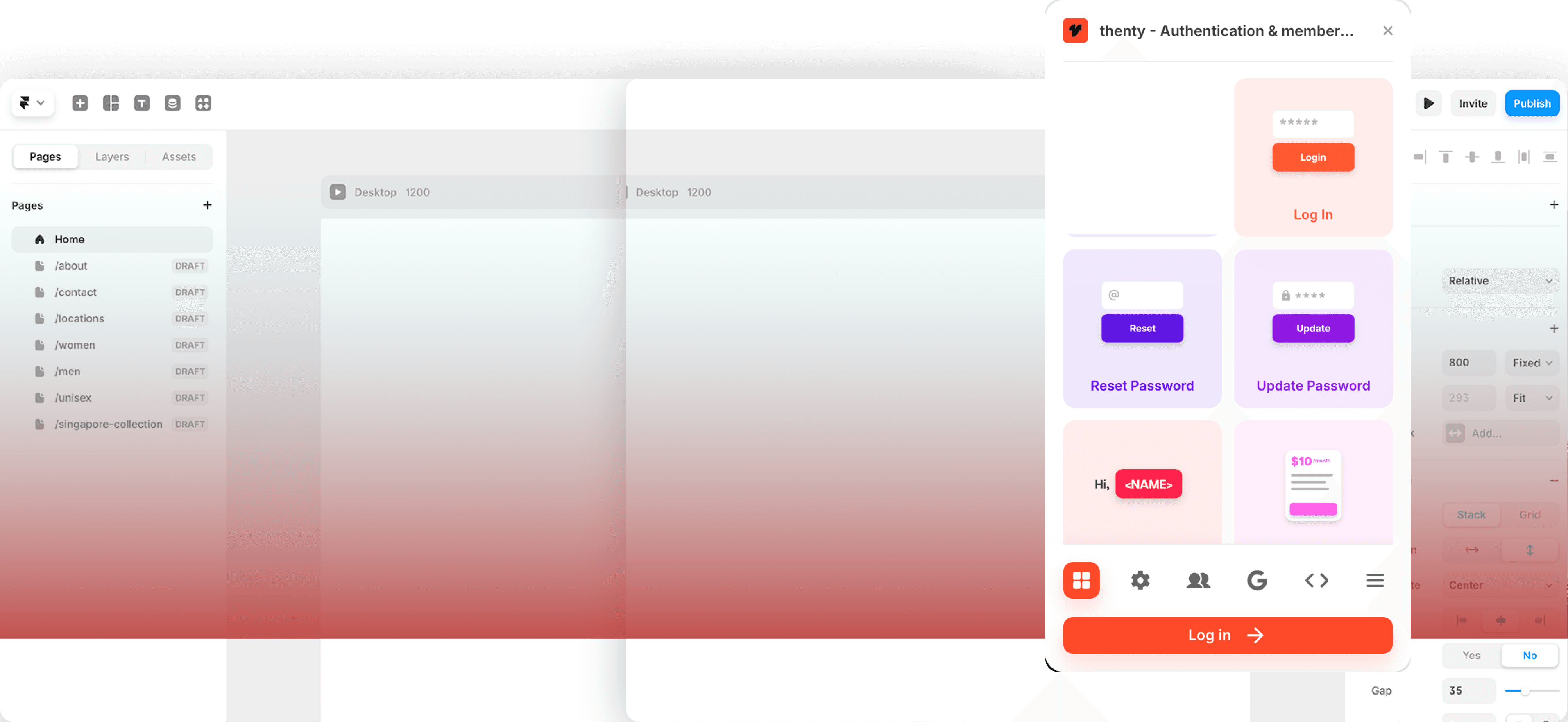 Framer dashboard with Thenty plugin modules for authentication and payments