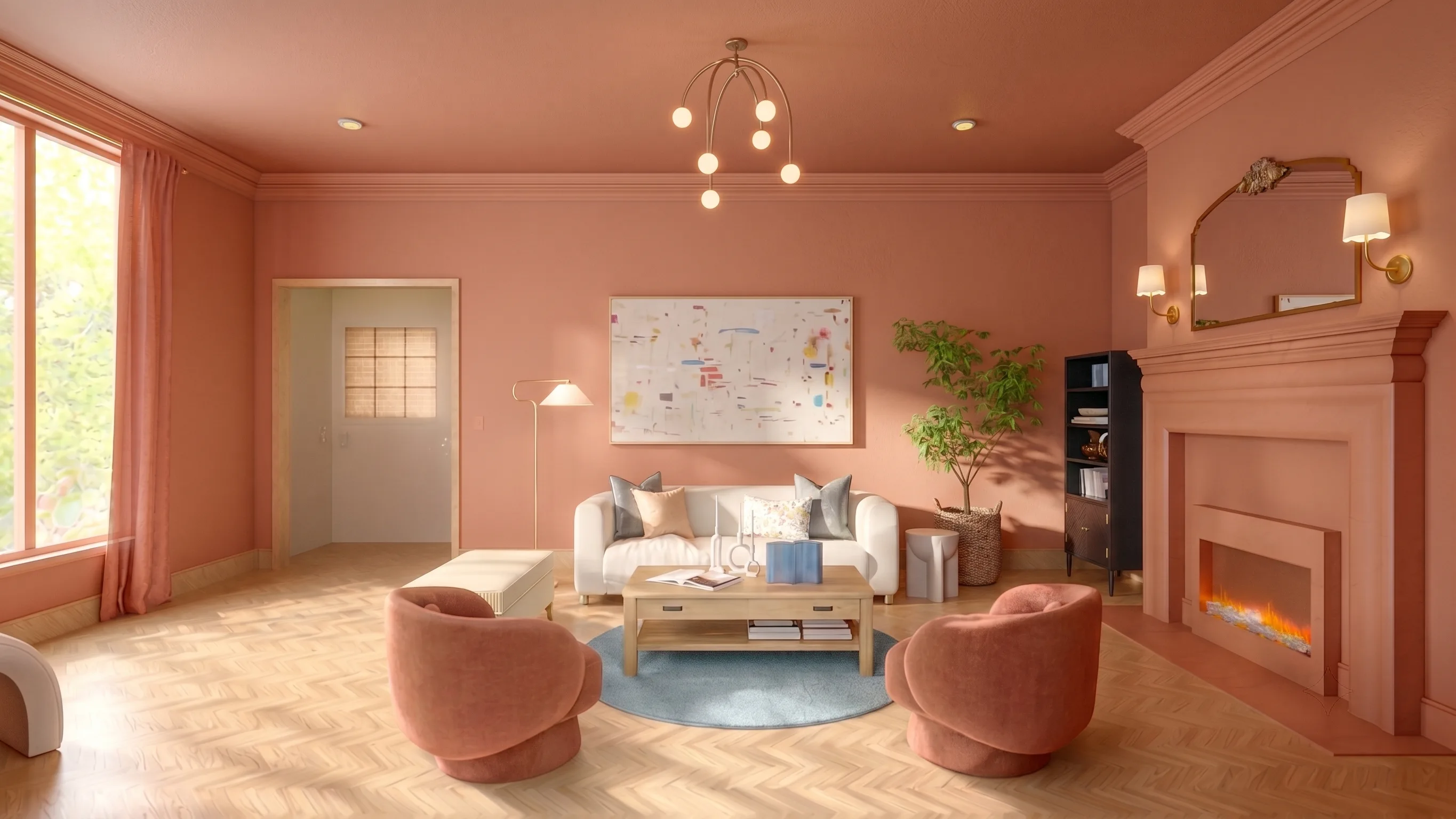 Earthy coral-toned living room showing fireplace, cream sofa, round chairs, abstract wall art, and greenery accents.